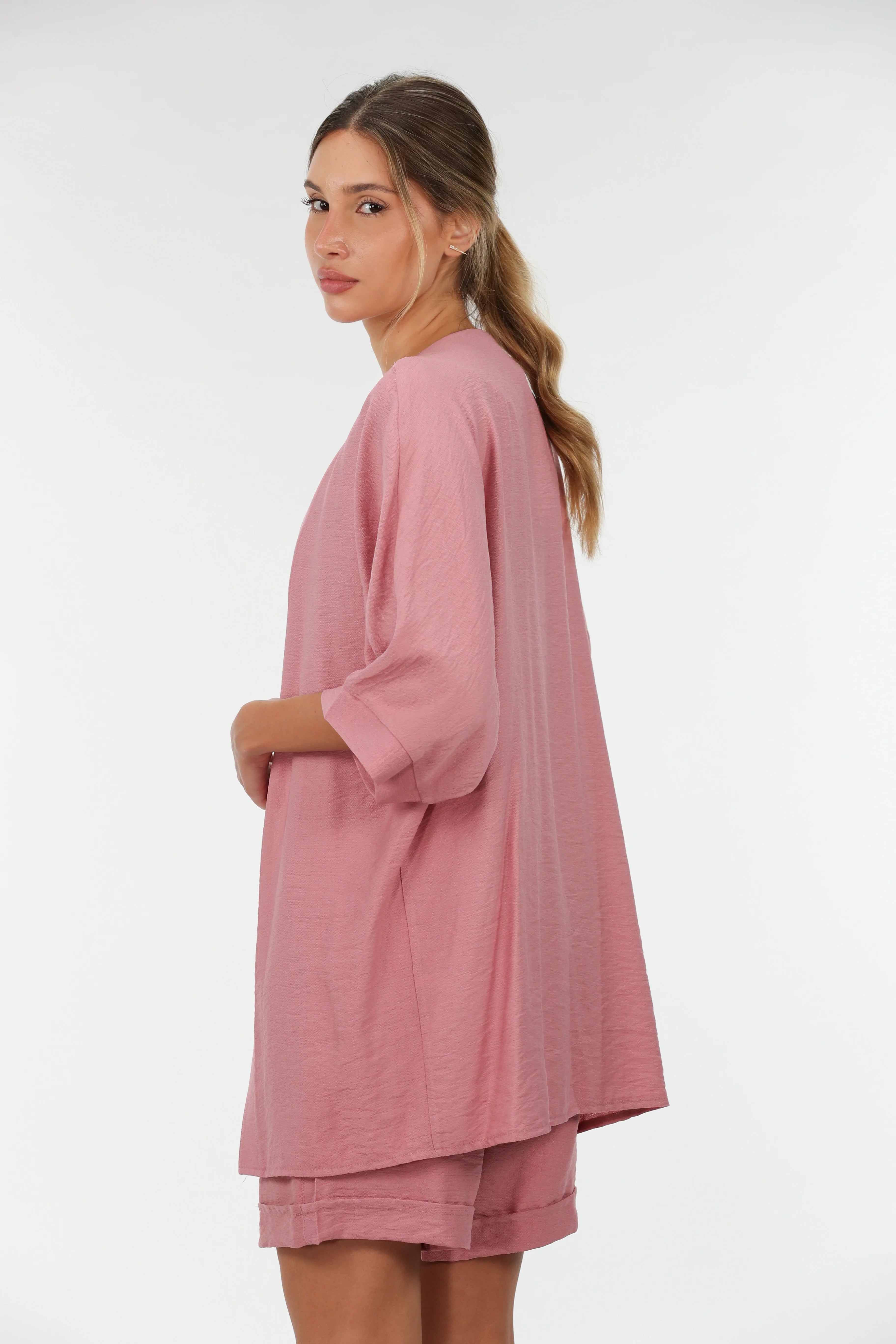 Pink Drop Shoulder Linen Cardigan