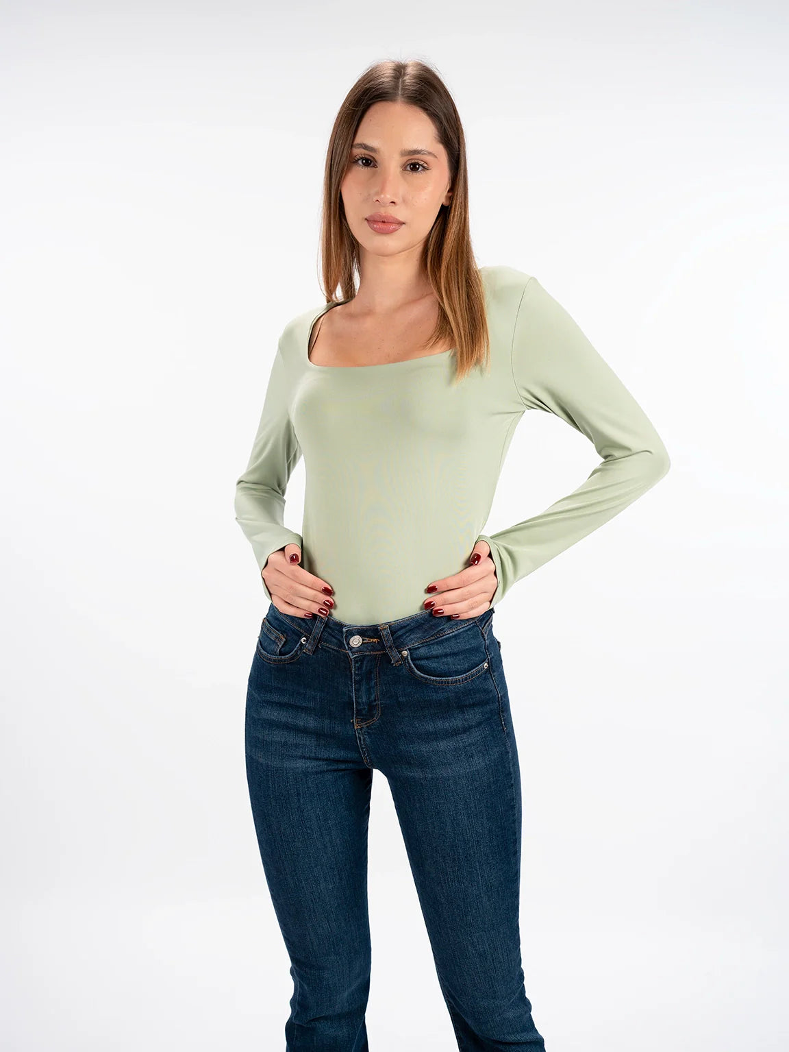 Long Sleeved Mint Open Neck Basic