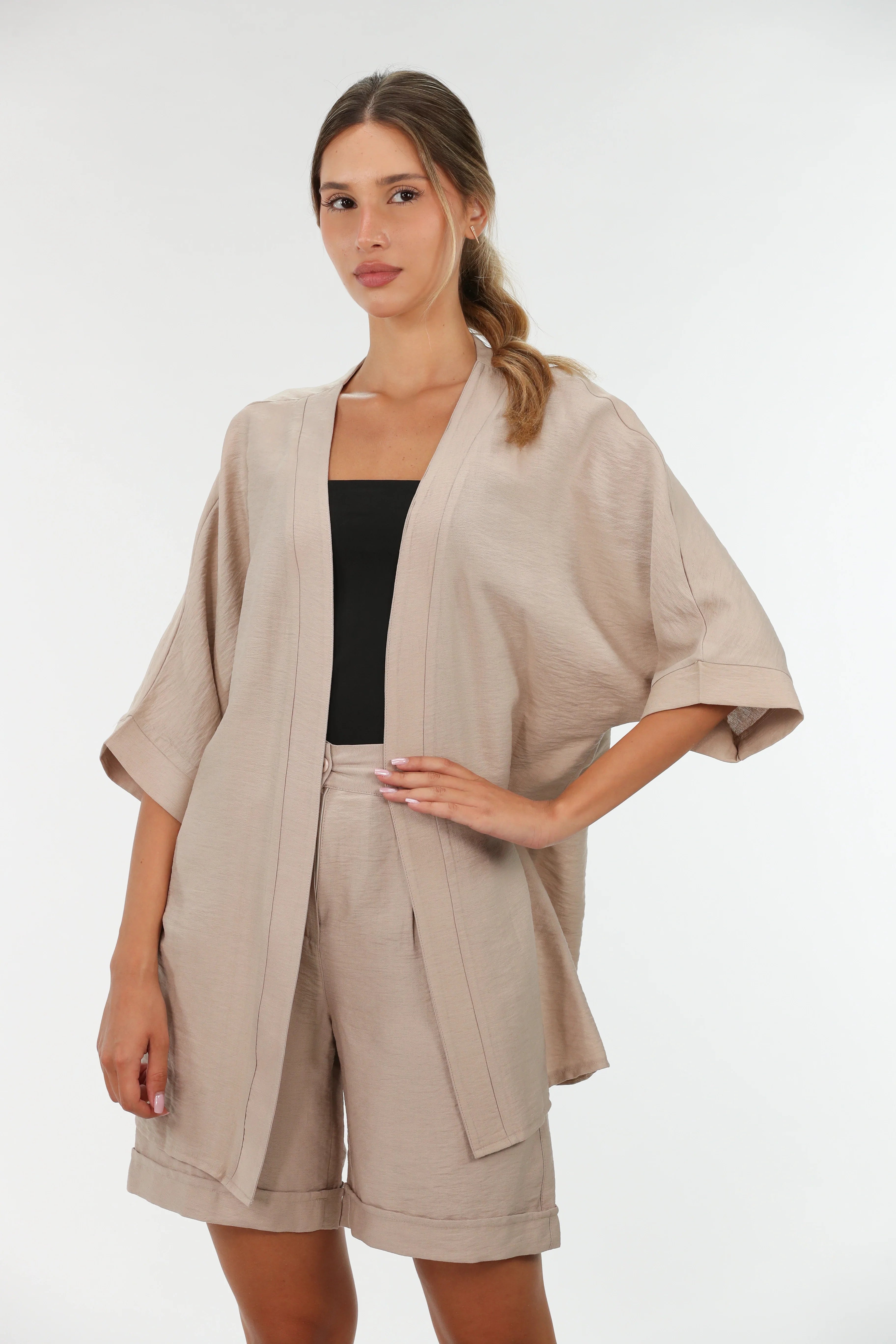 Beige Drop Shoulder Linen Cardigan