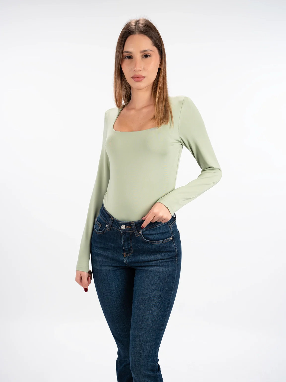 Long Sleeved Mint Open Neck Basic