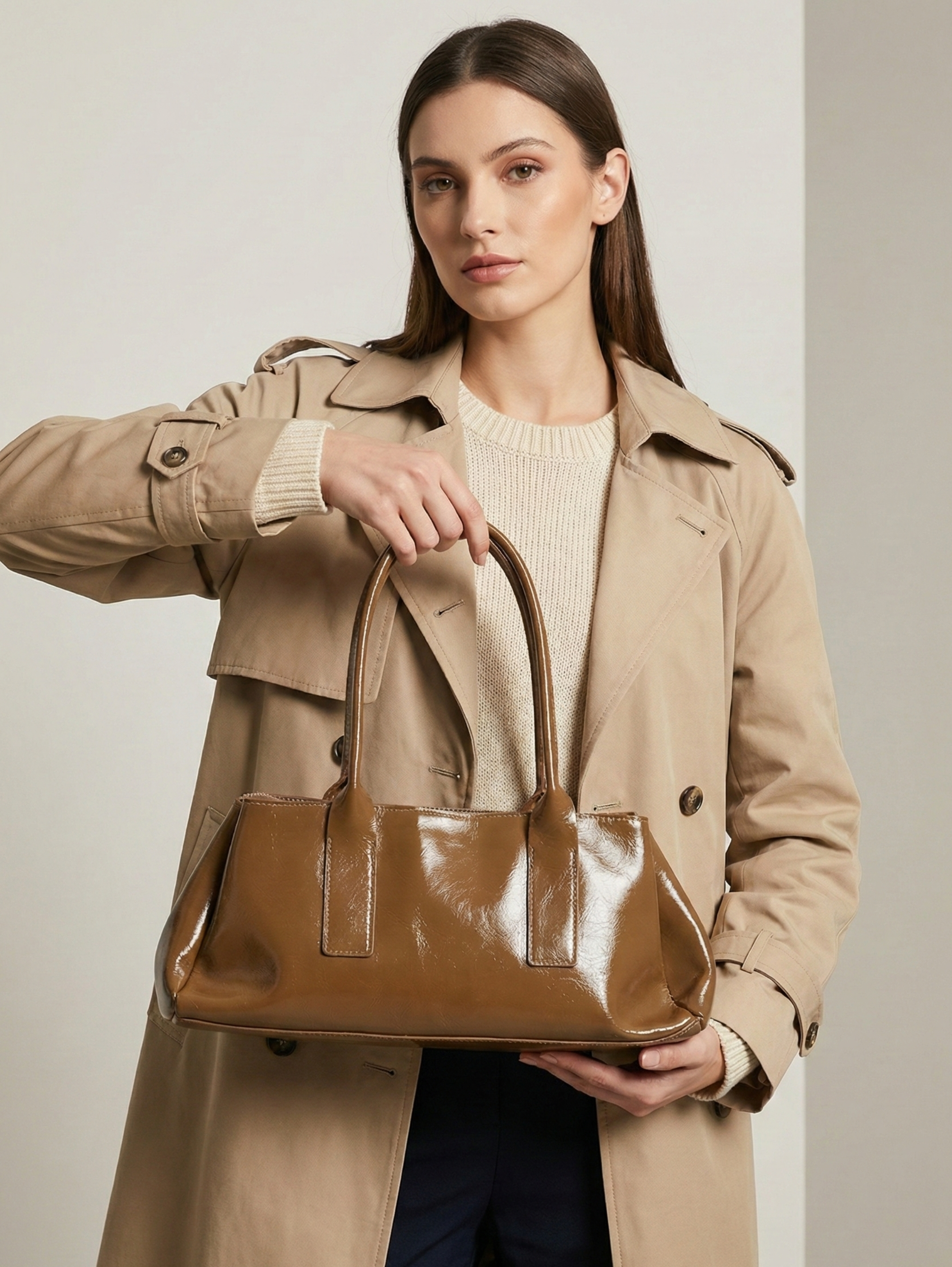 Light Brown Large Handle Bag With Long Strap