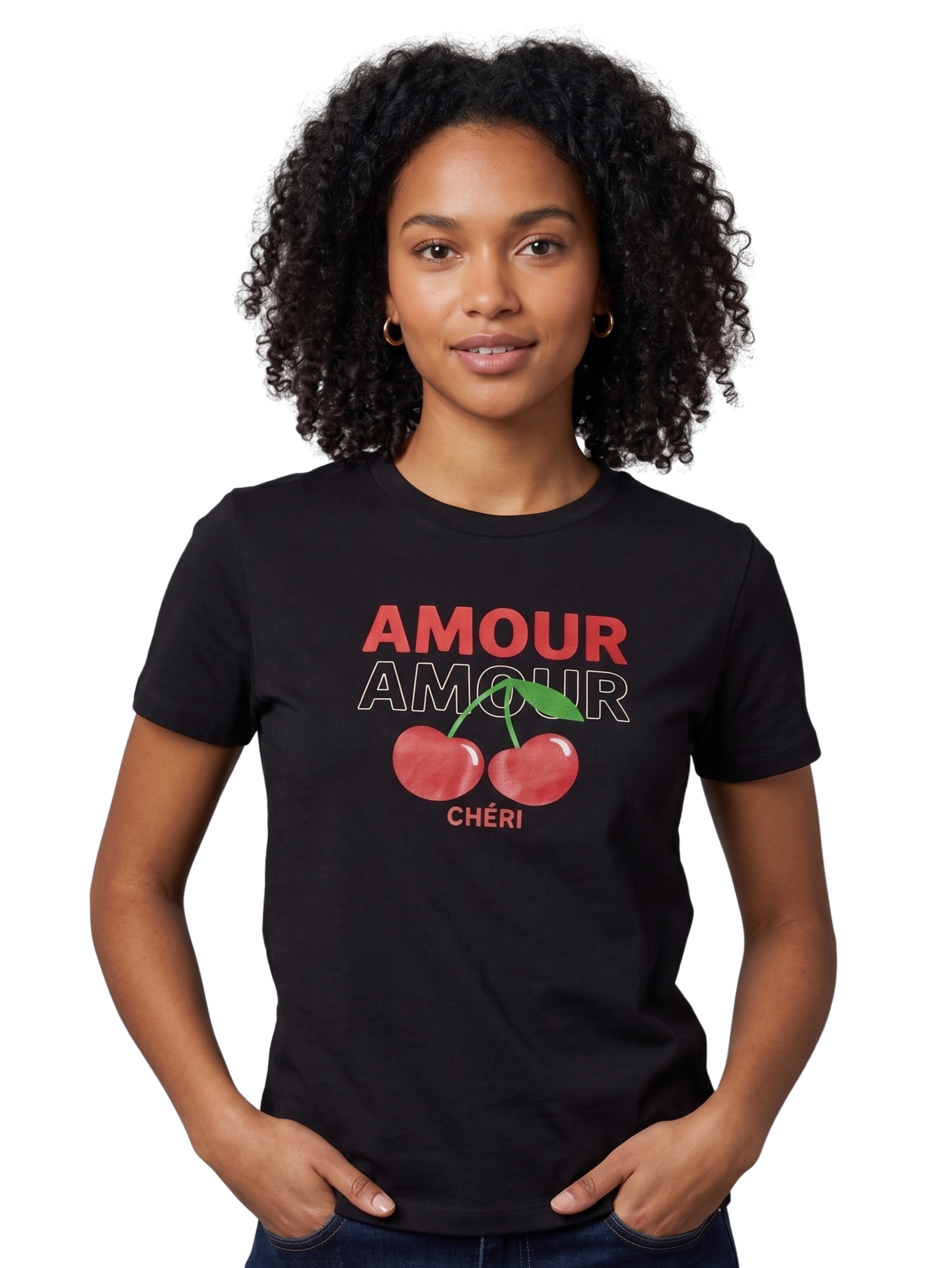 Black Short Sleeved T-Shirt With Cherry Printed Design