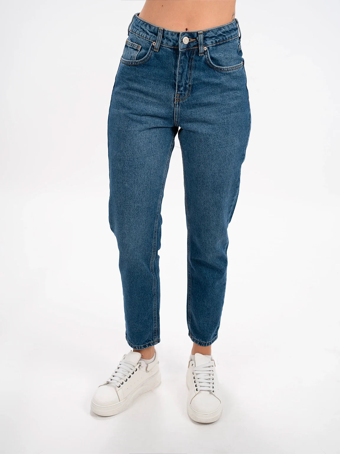 Blue Mom Fit Jeans With Five Pockets Style