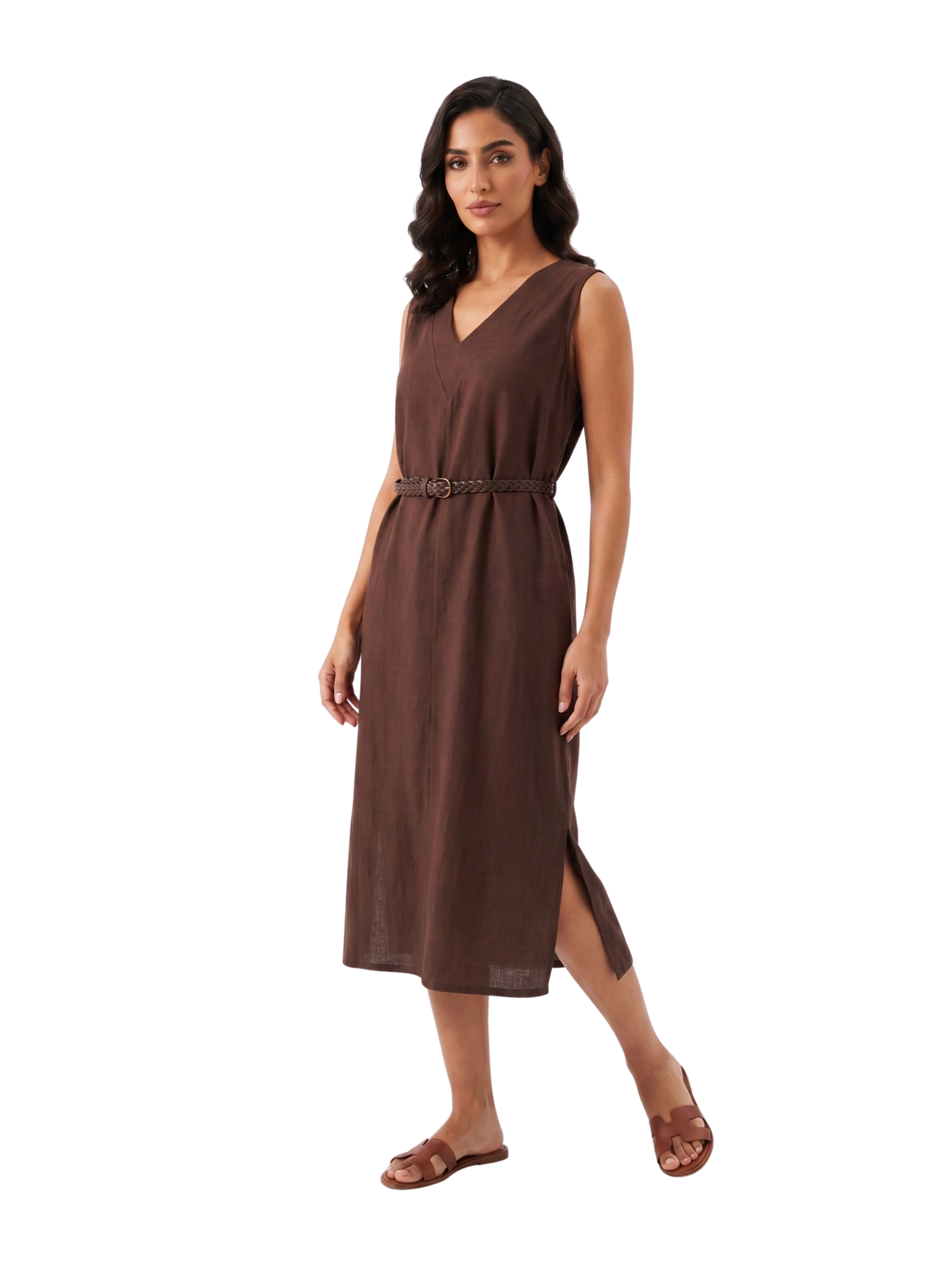 Brown Sleeveless V Neckline Midi Dress