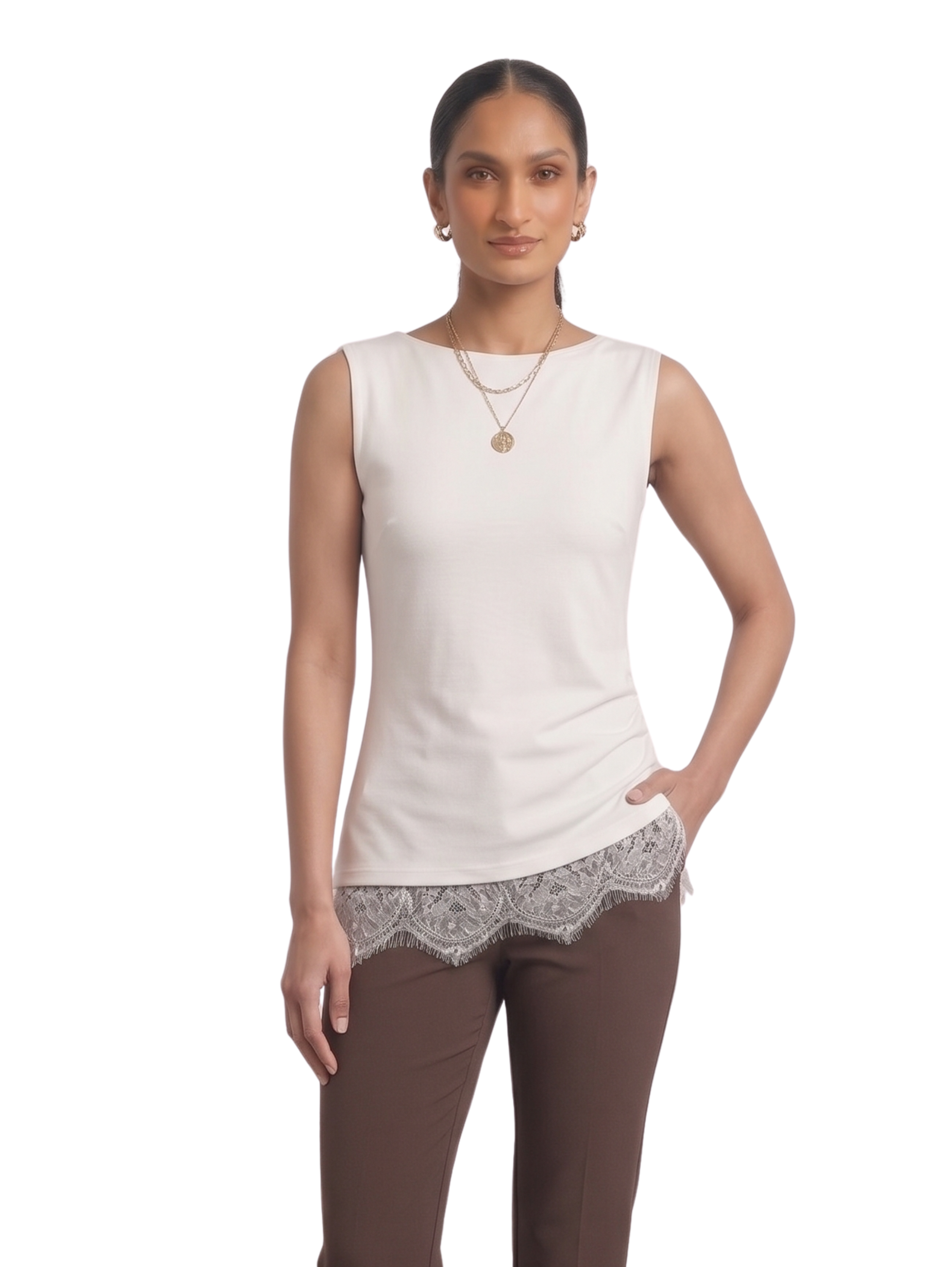 White Sleeveless Top With Floral Lace Design