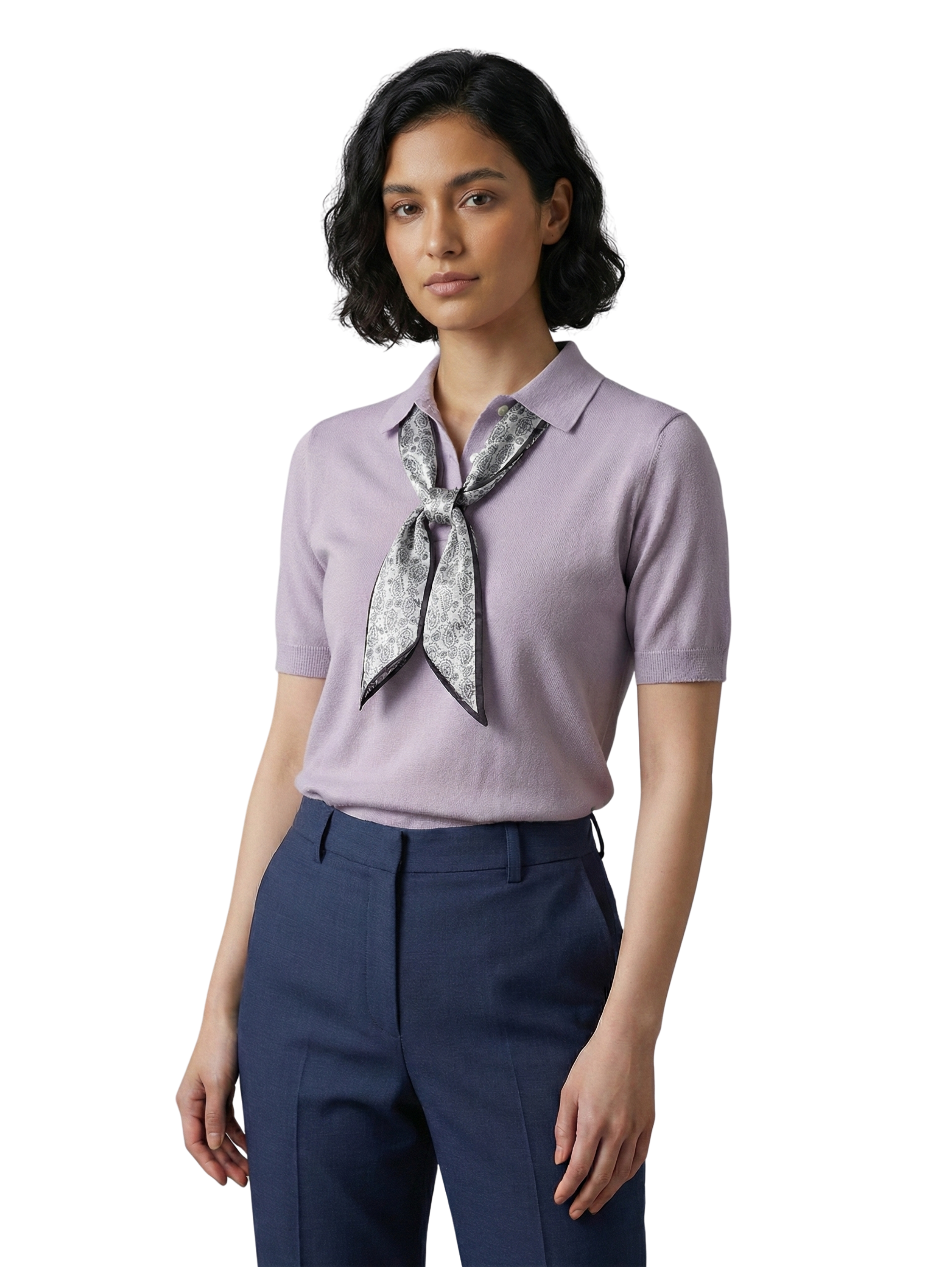 Short Sleeve Purple Pullover with Tiny Scarf in Collar