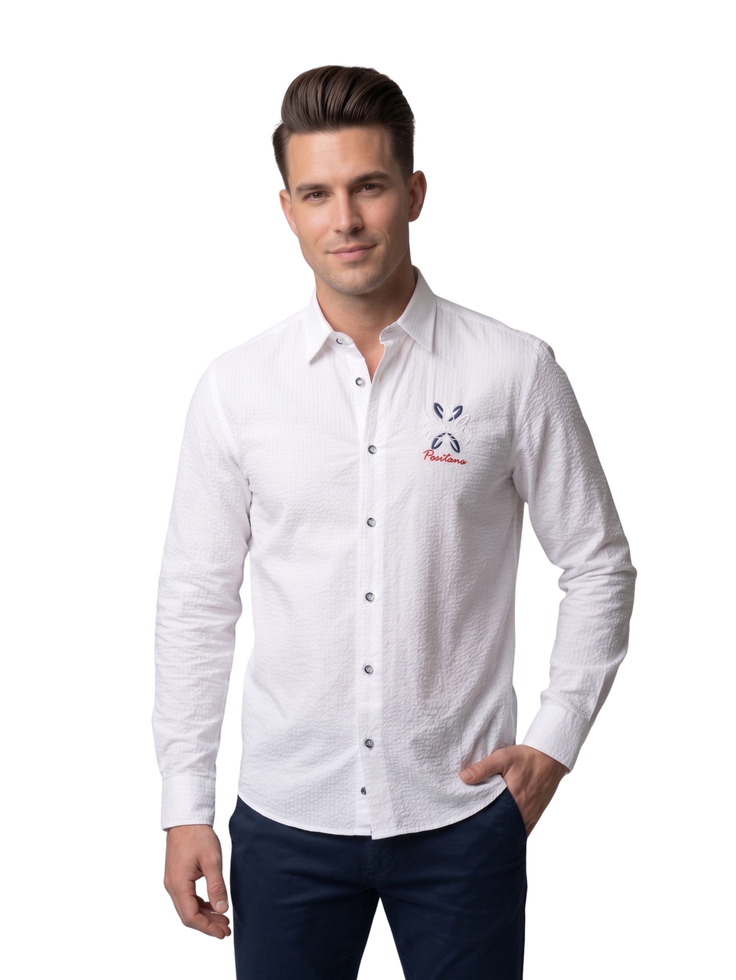 Xint White Long-Sleeved Button-Down Shirt with Front Design Logo