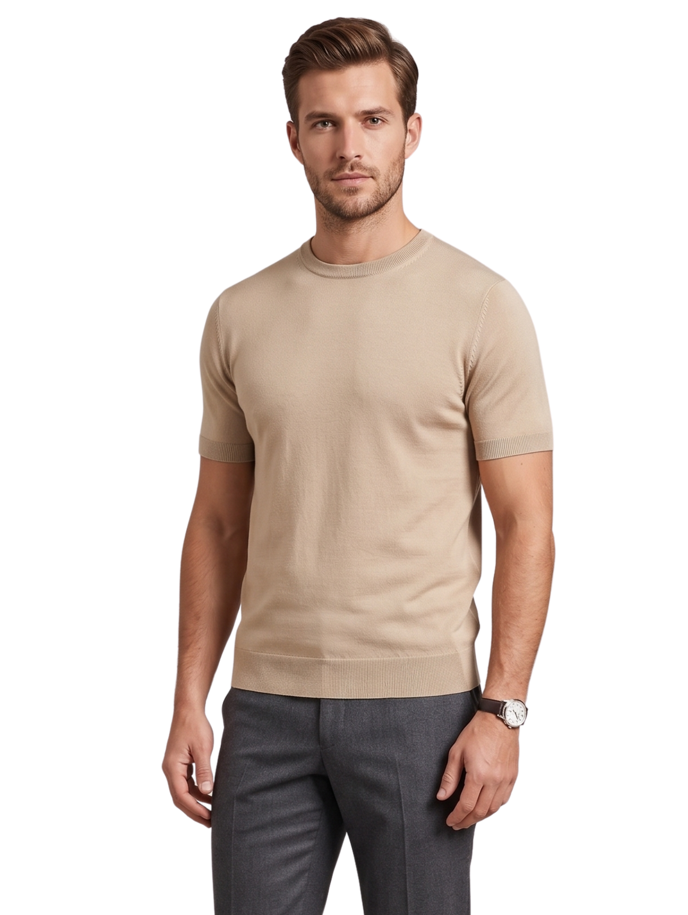 Beige Round Neck Short Sleeved Plain T-Shirt