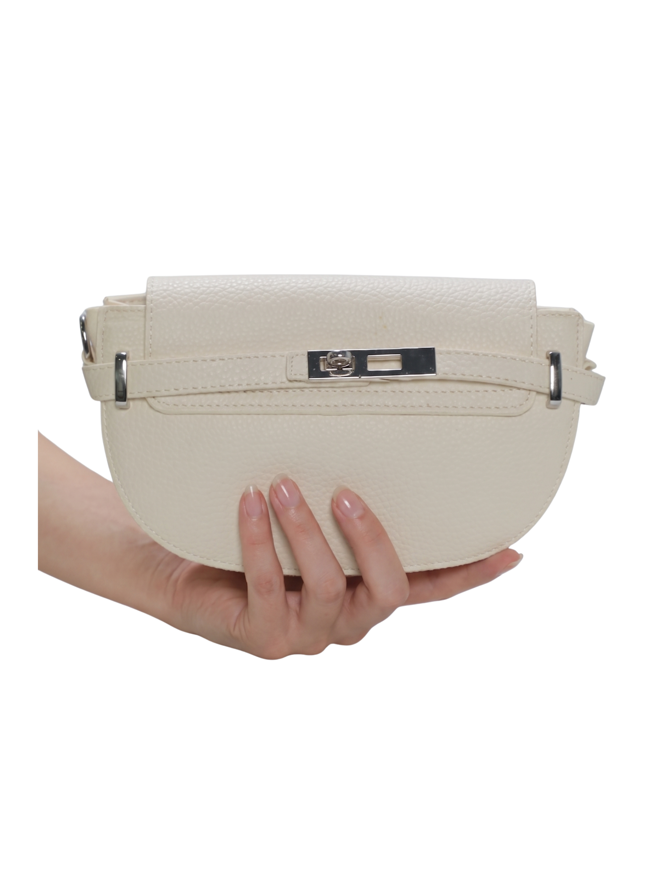 Light Beige Textured Clutch Bag With A Sleek Buckle Details