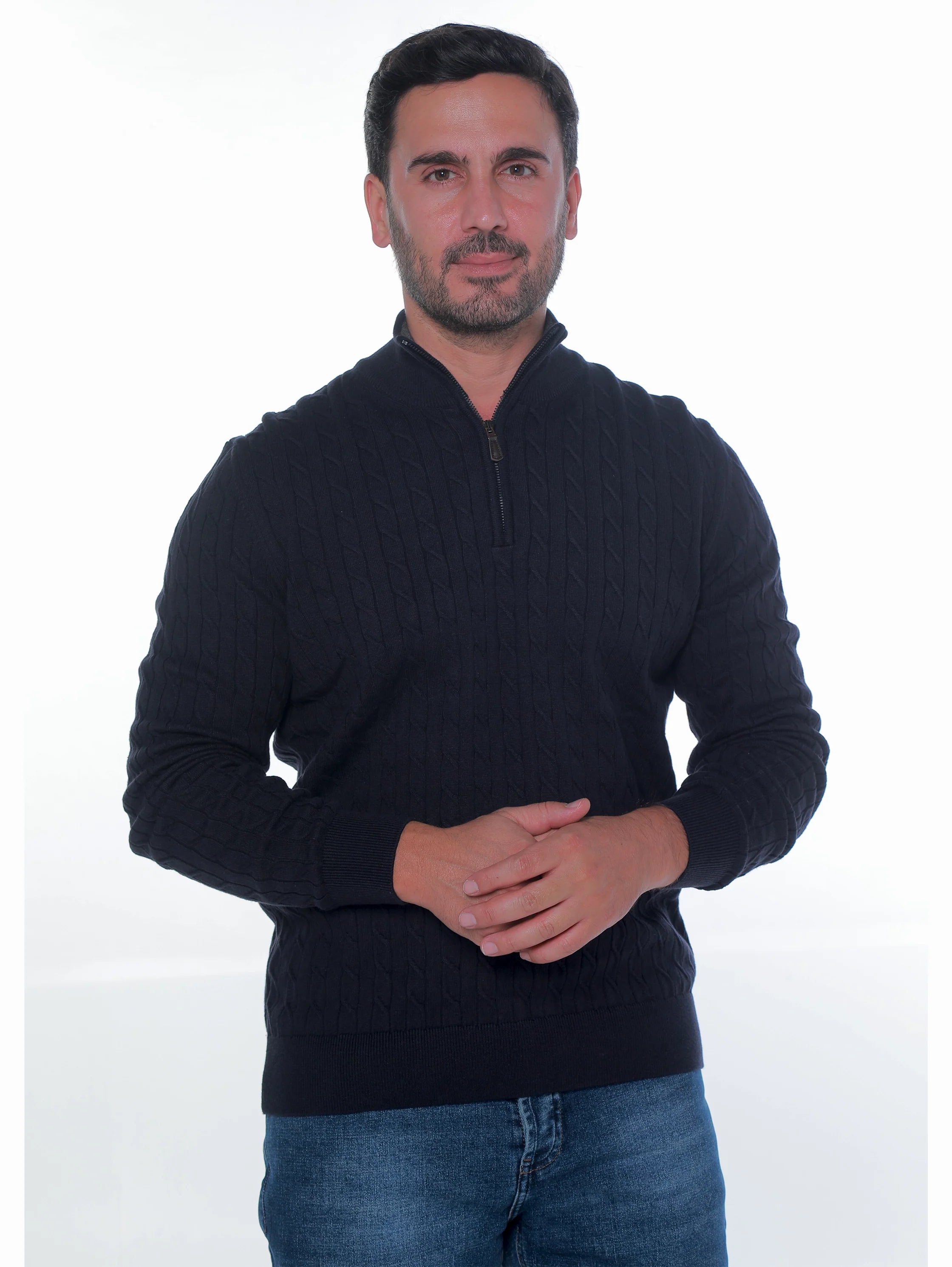 Long Sleeve Navy Pullover With Stand Up Mock Neck