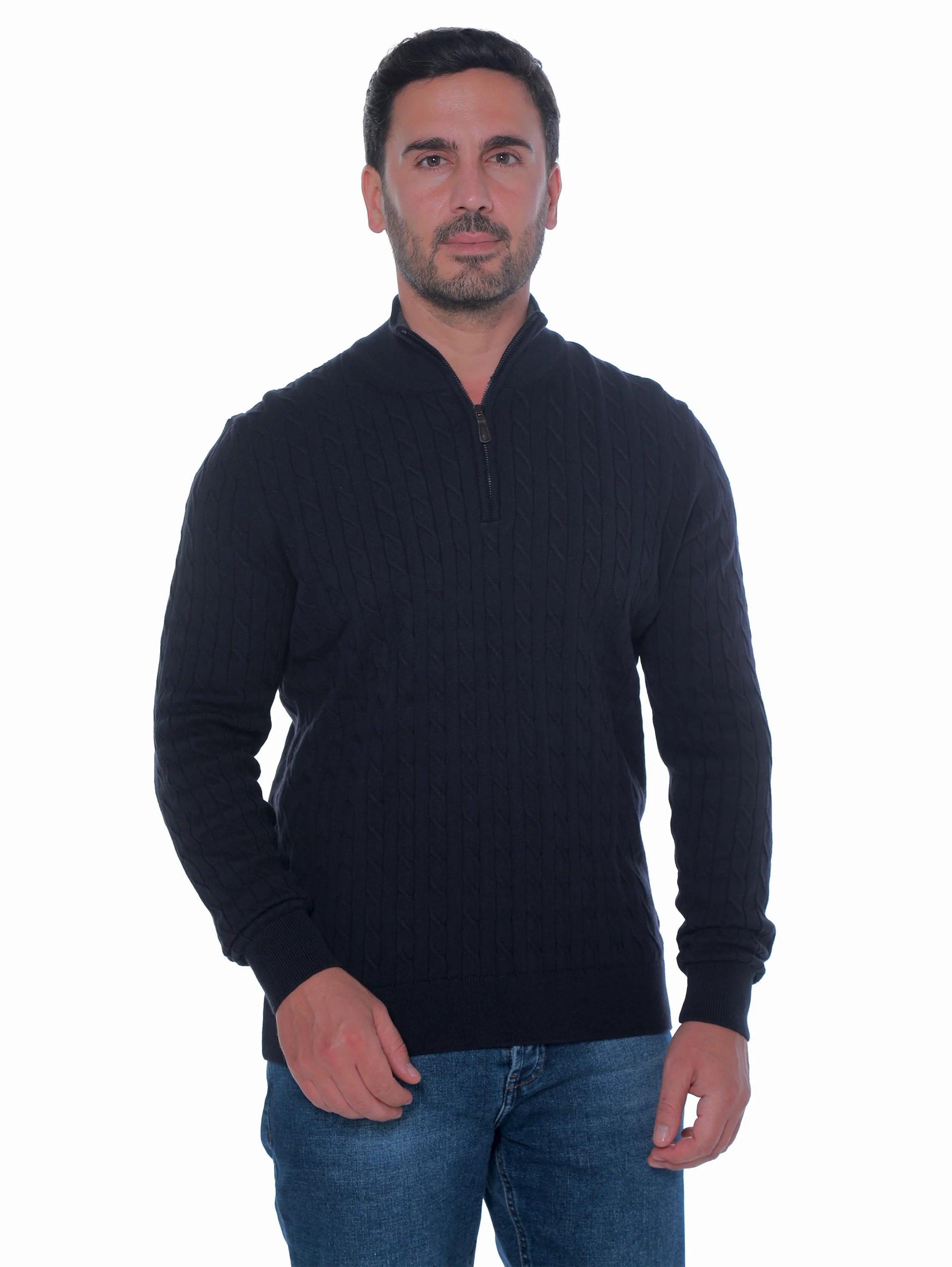 Long Sleeve Navy Pullover With Stand Up Mock Neck