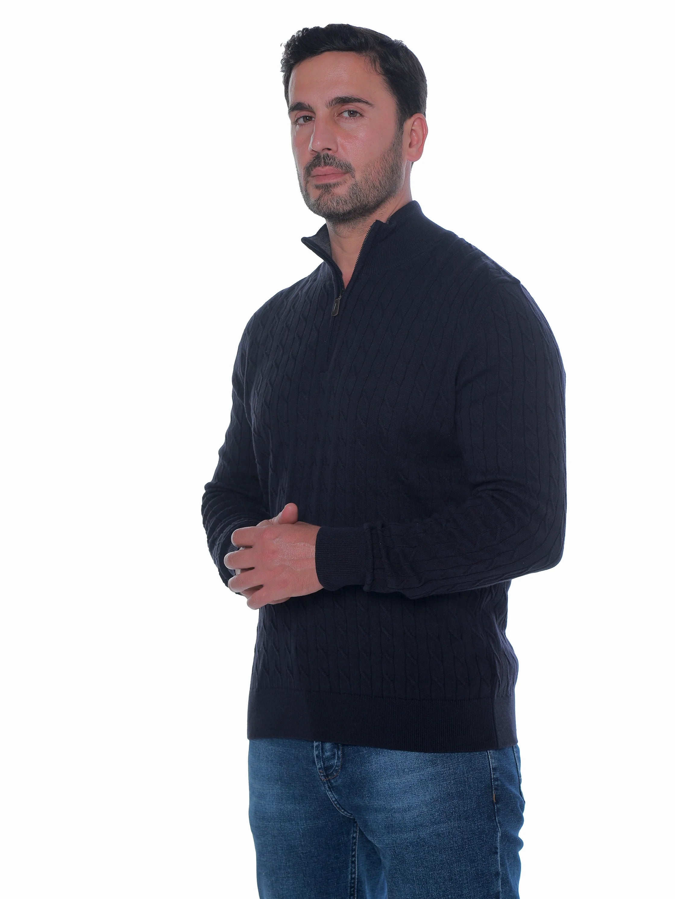 Long Sleeve Navy Pullover With Stand Up Mock Neck