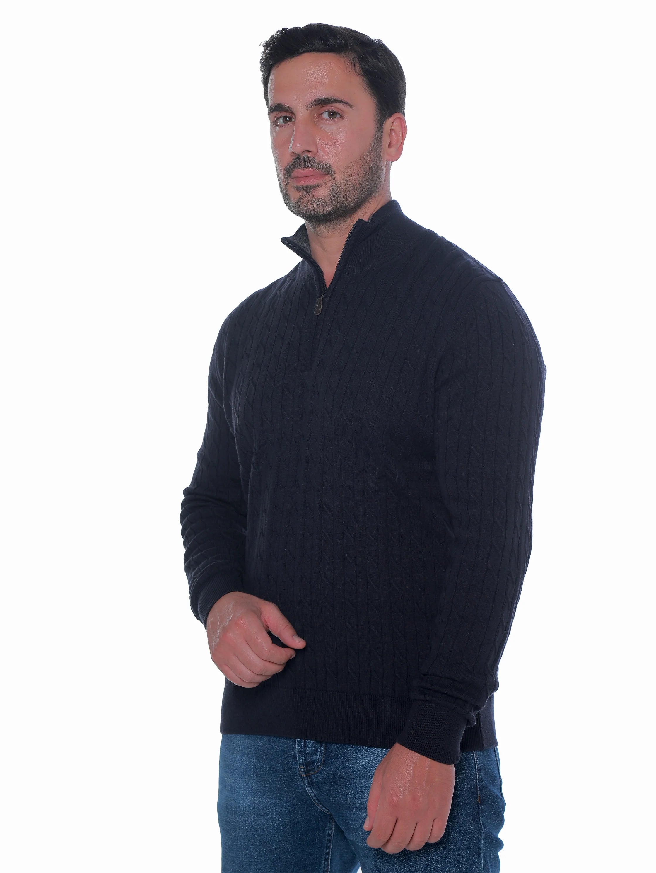 Long Sleeve Navy Pullover With Stand Up Mock Neck