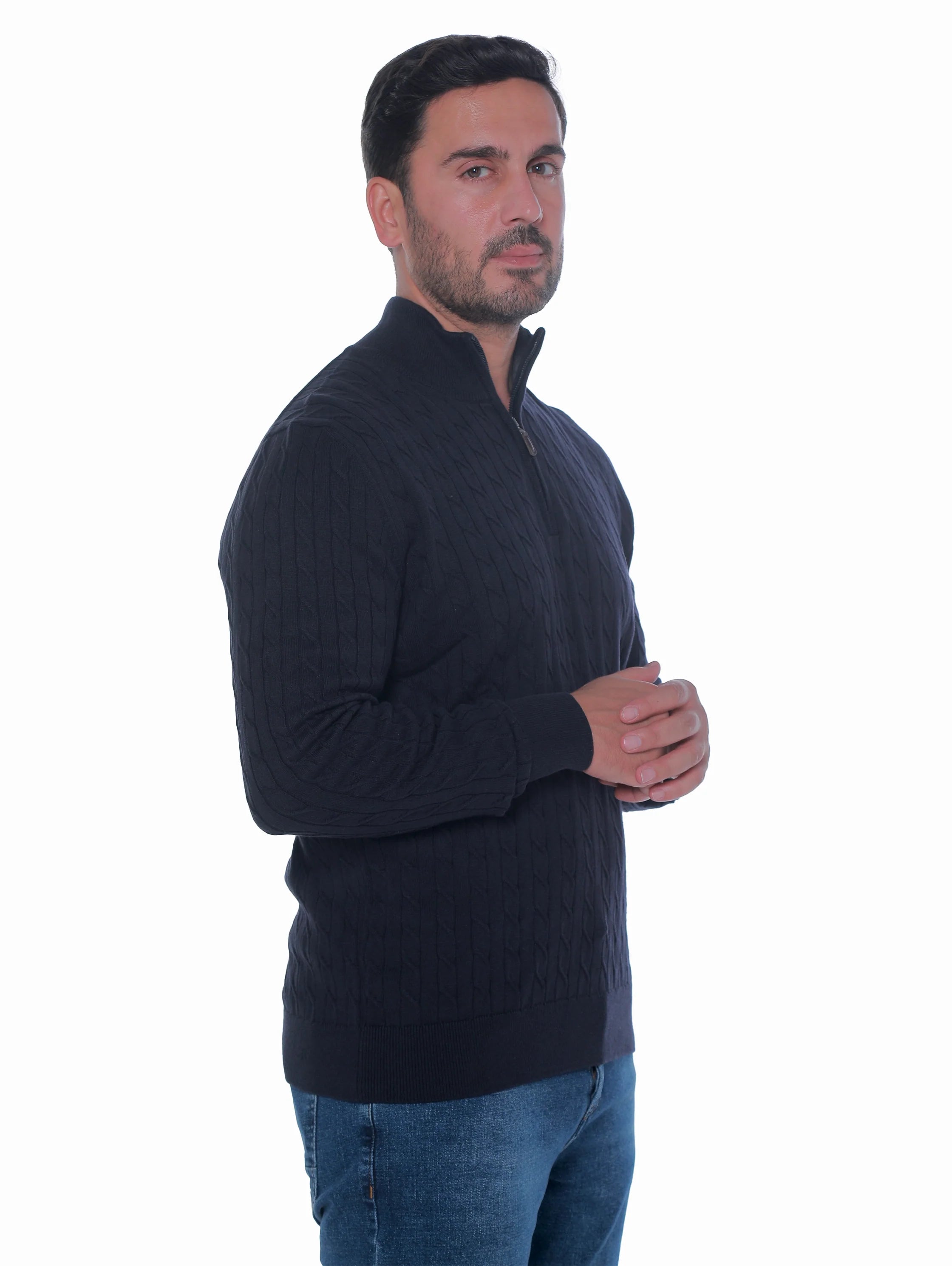 Long Sleeve Navy Pullover With Stand Up Mock Neck
