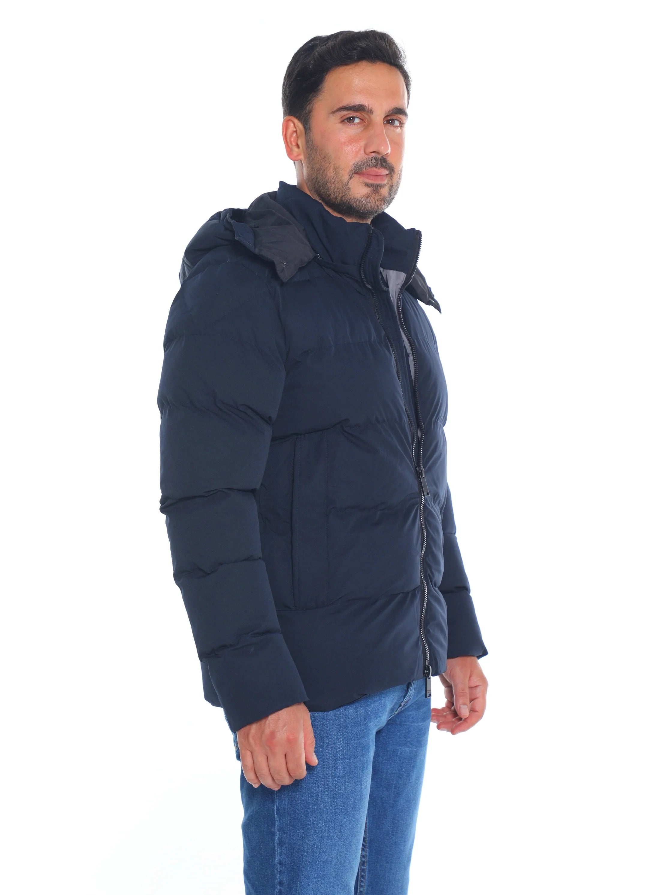 Navy Puffer Warme Jacket With Attached Hood