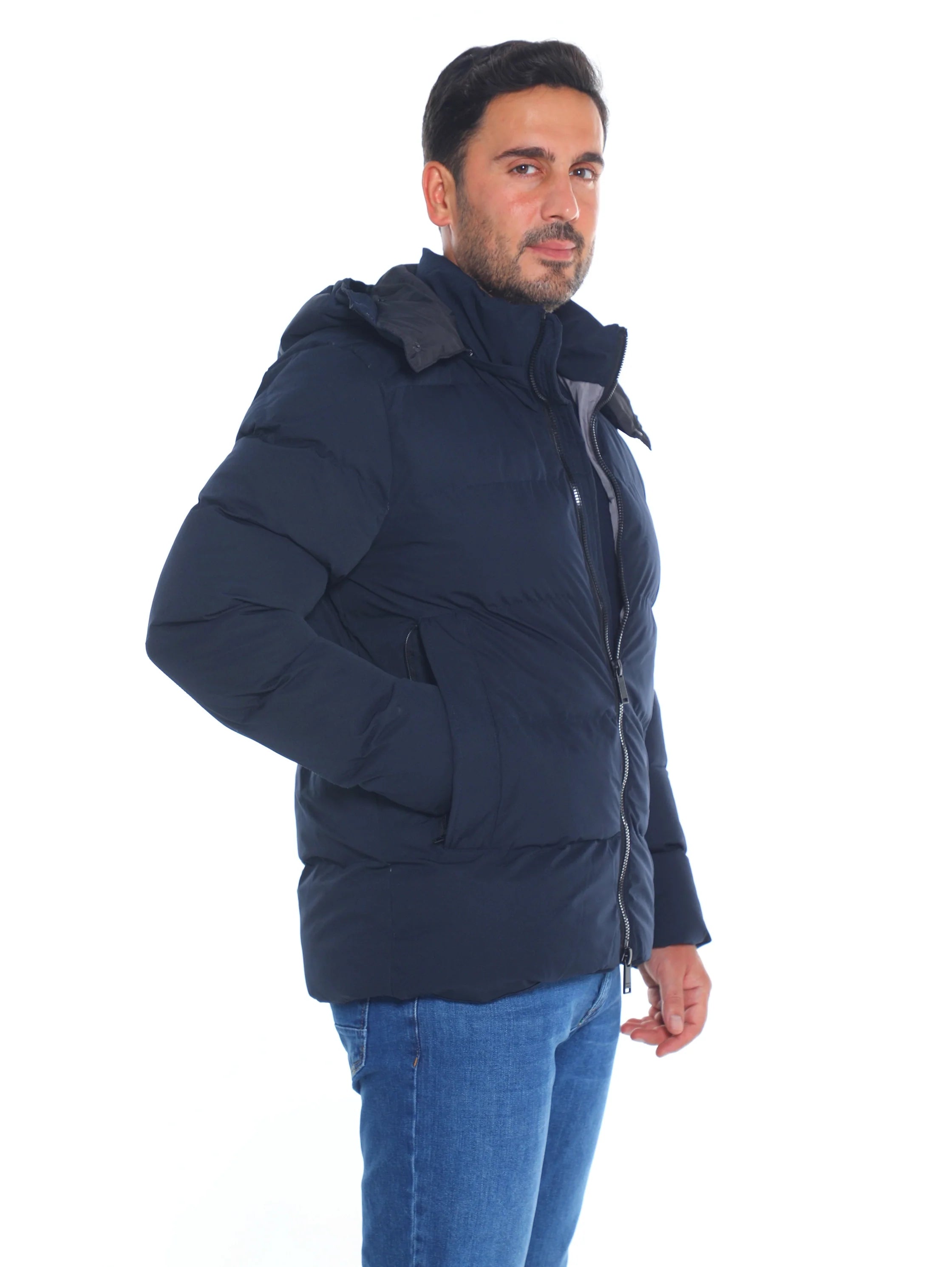 Navy Puffer Warme Jacket With Attached Hood