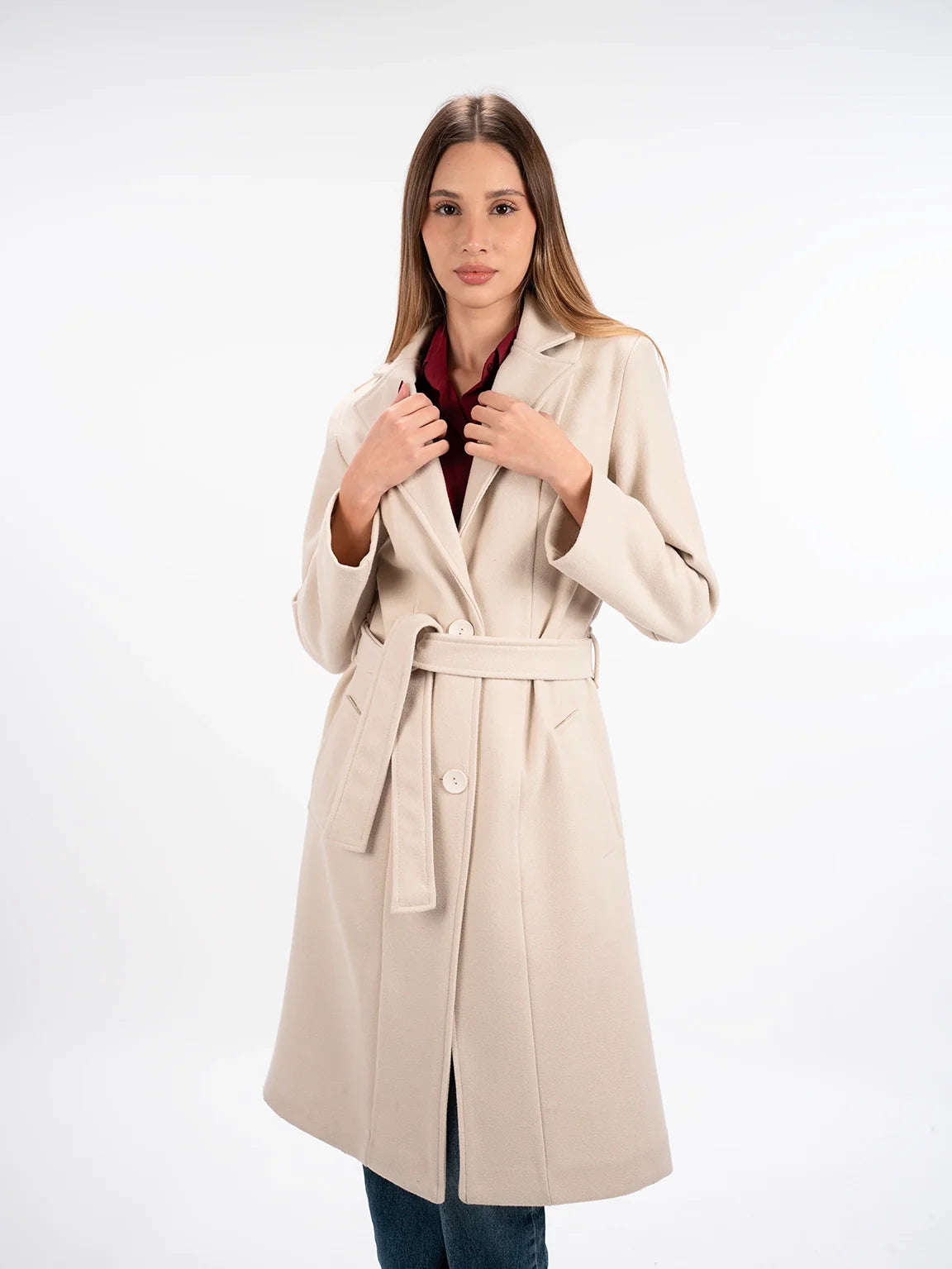 Belted Beige Long Coat With Slanted Pockets