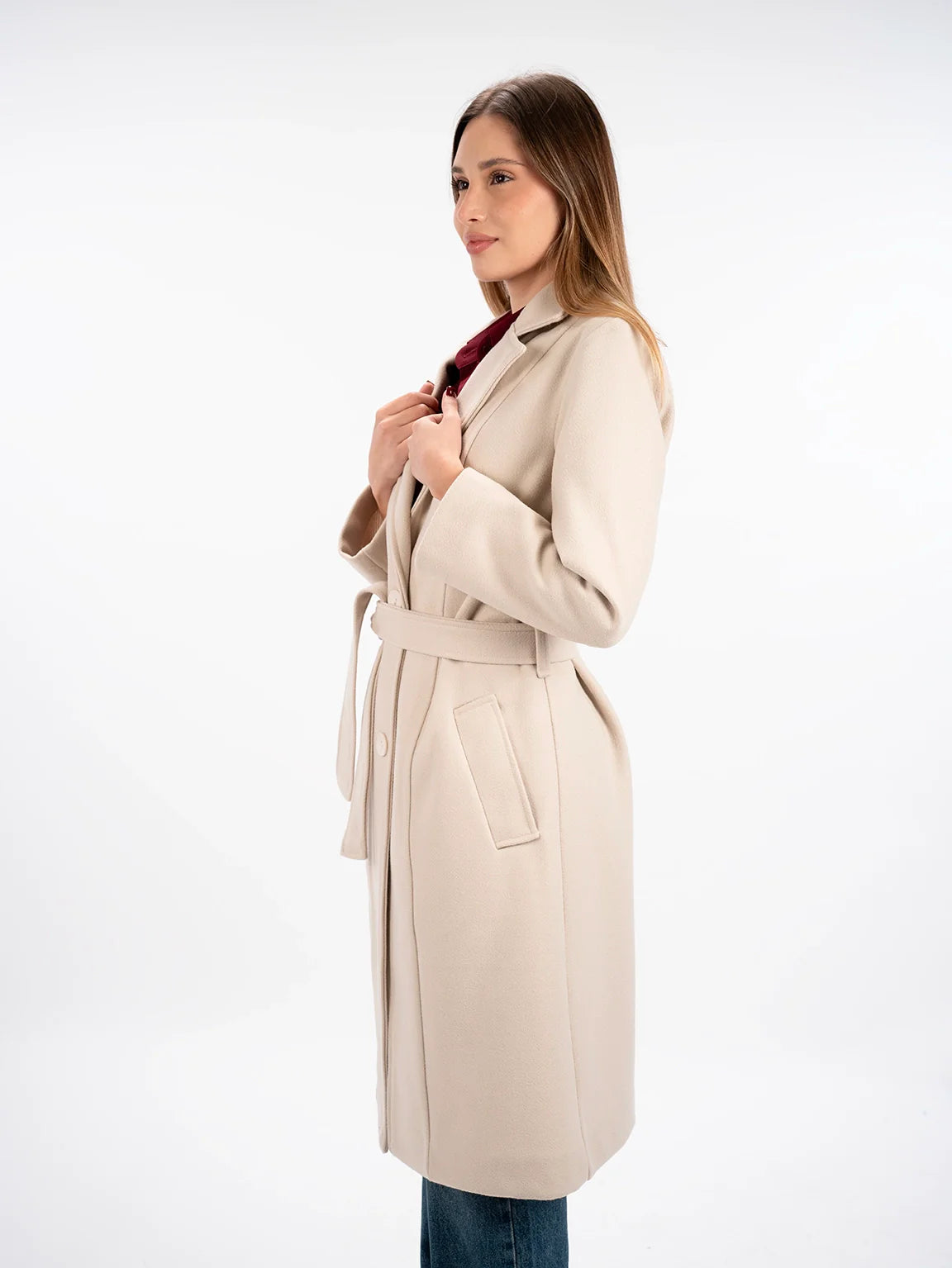 Belted Beige Long Coat With Slanted Pockets