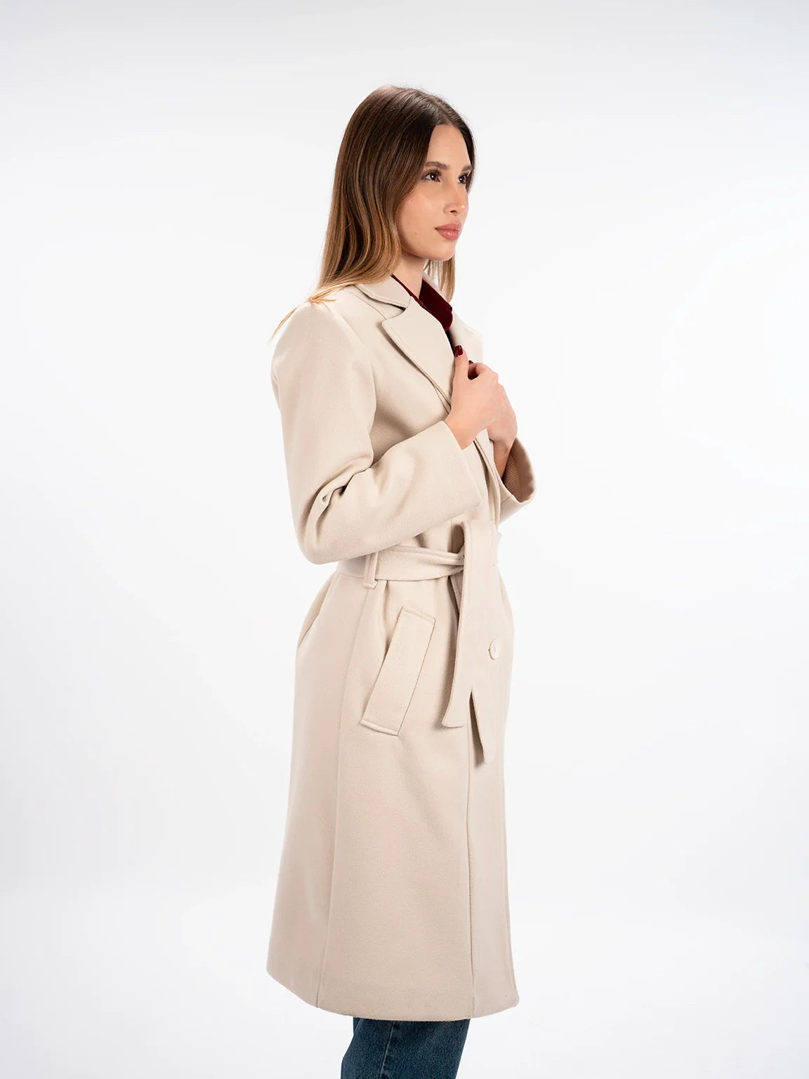 Belted Beige Long Coat With Slanted Pockets