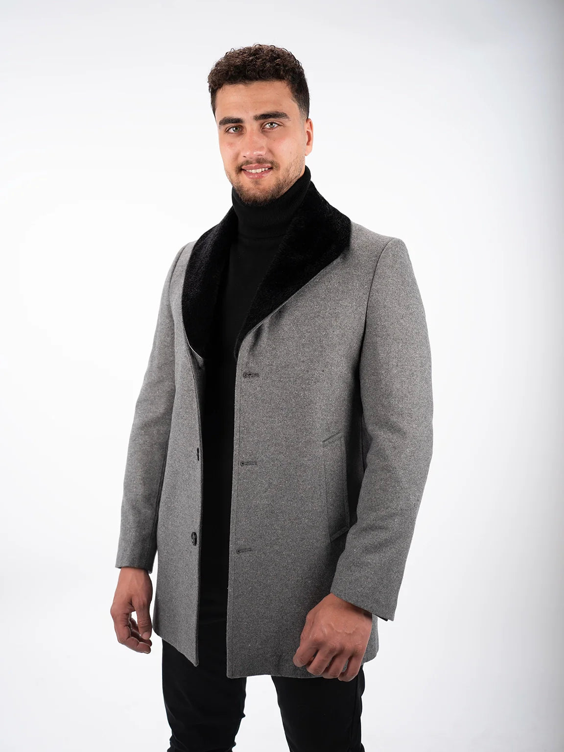 Classic Grey Coat With Fure Collar