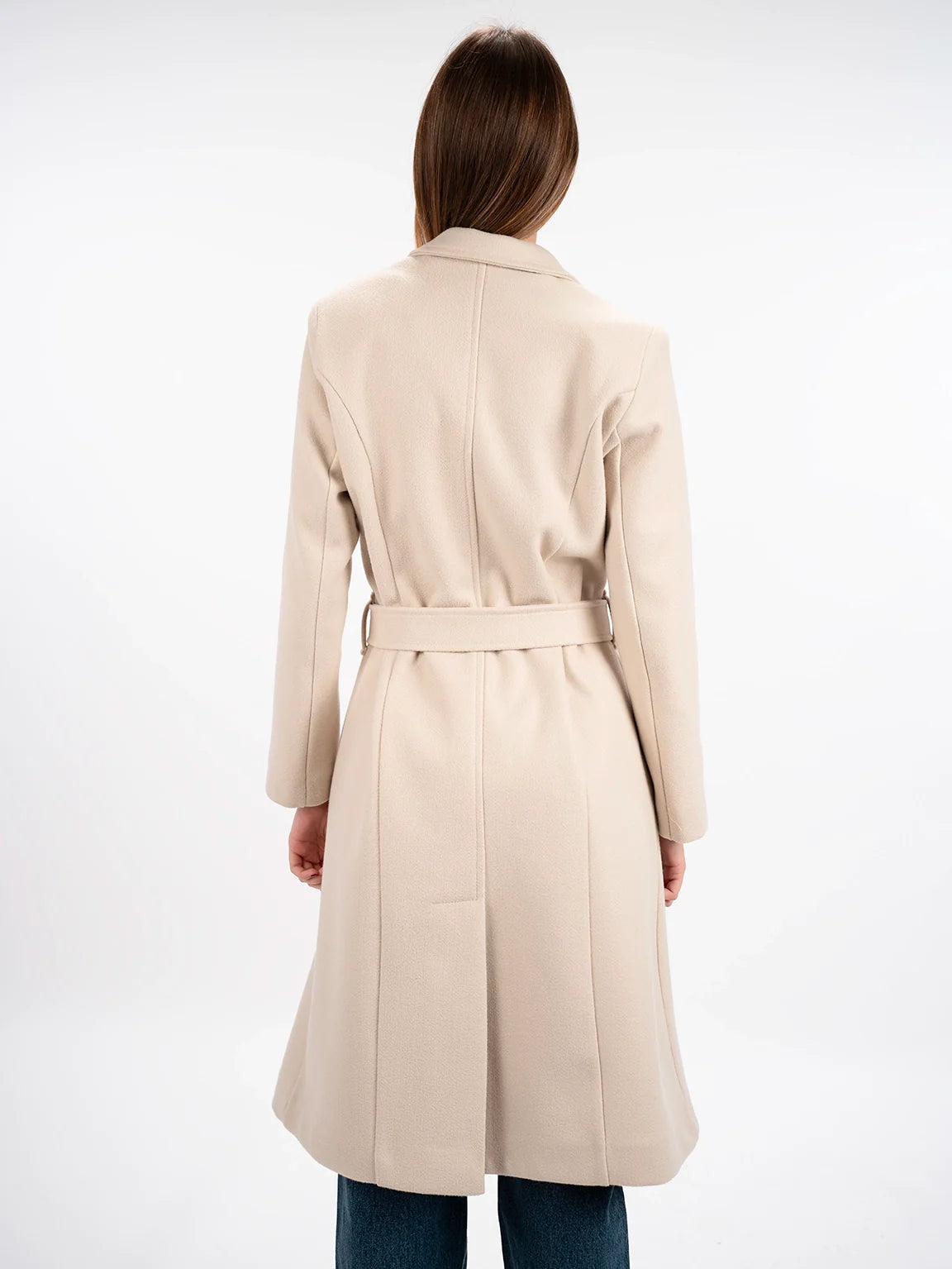 Belted Beige Long Coat With Slanted Pockets