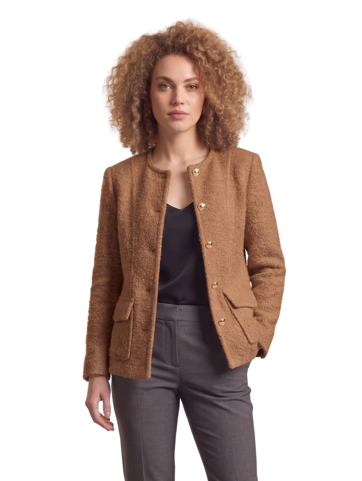 Brown Woven Textured Collarless Button Up Jacket