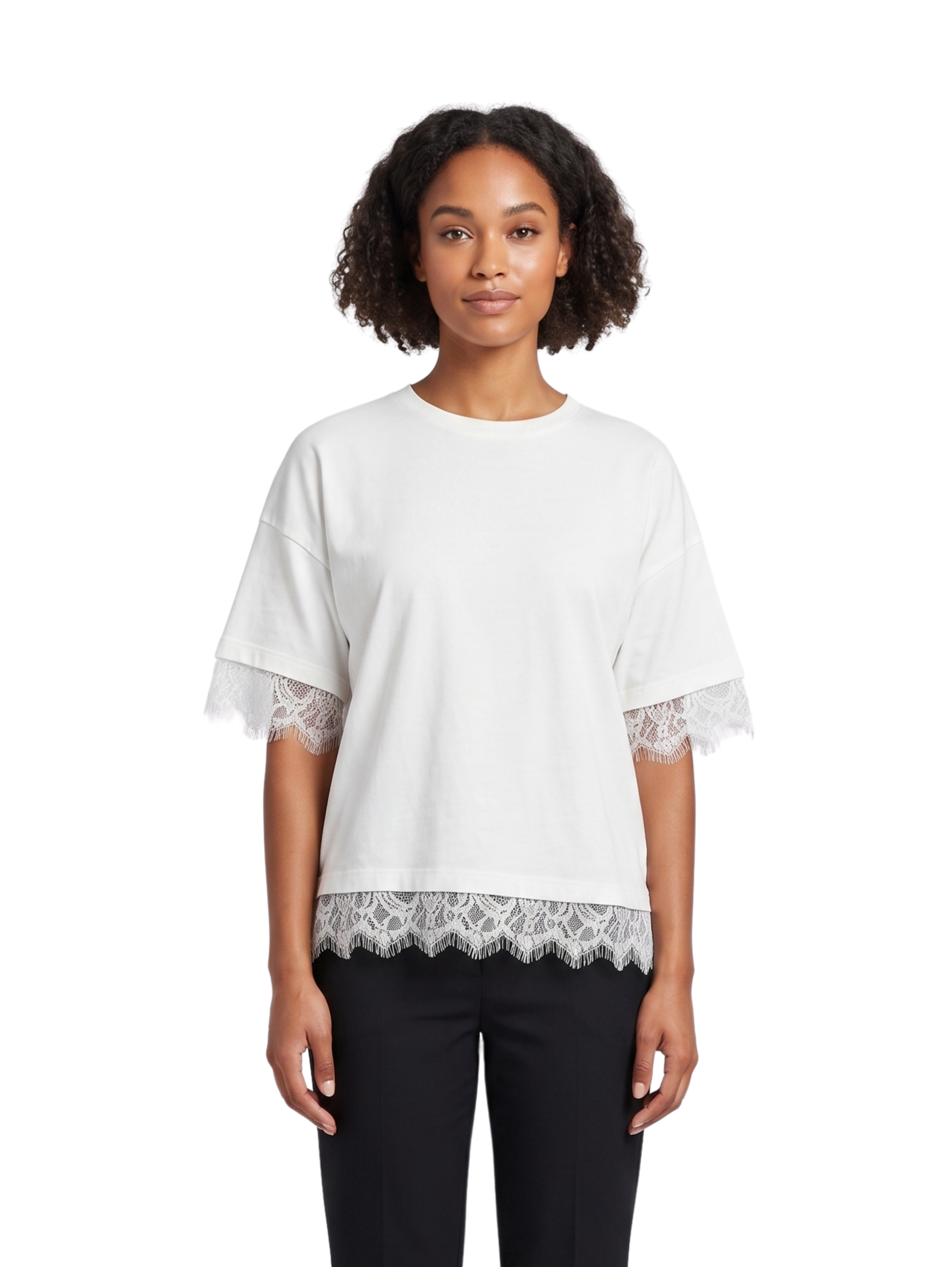 White Short Sleeved T-Shirt With Floral Lace Design