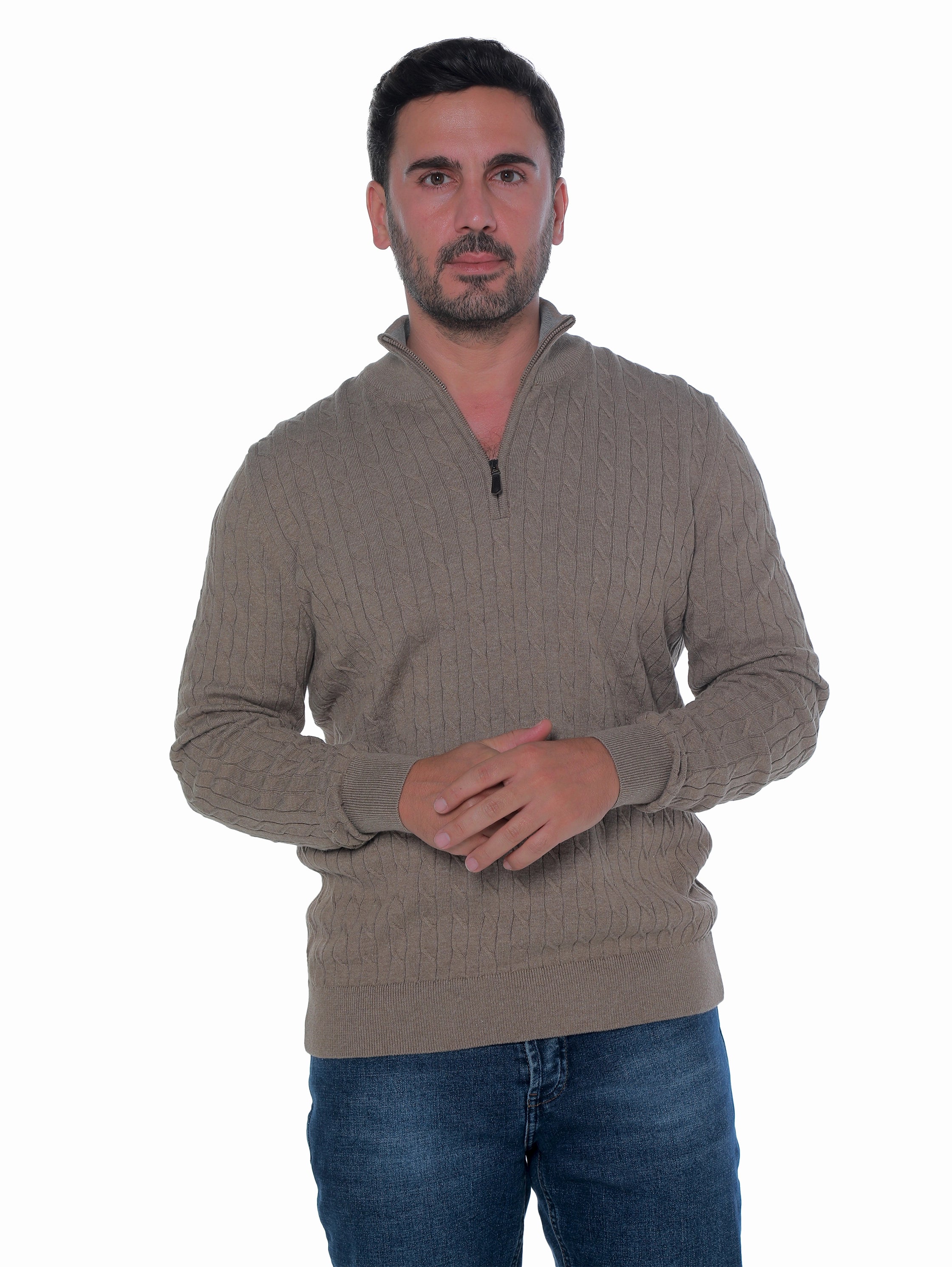 Long Sleeve Brown Pullover With Stand Up Mock Neck