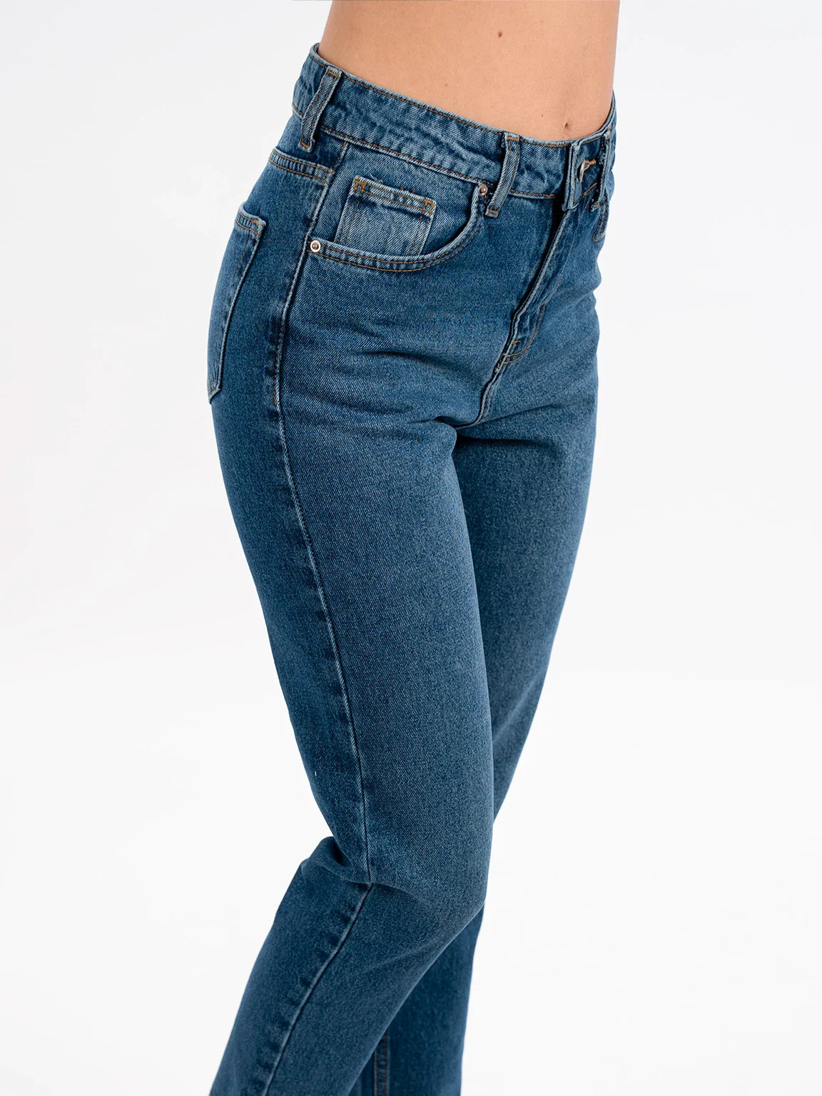 Blue Mom Fit Jeans With Five Pockets Style