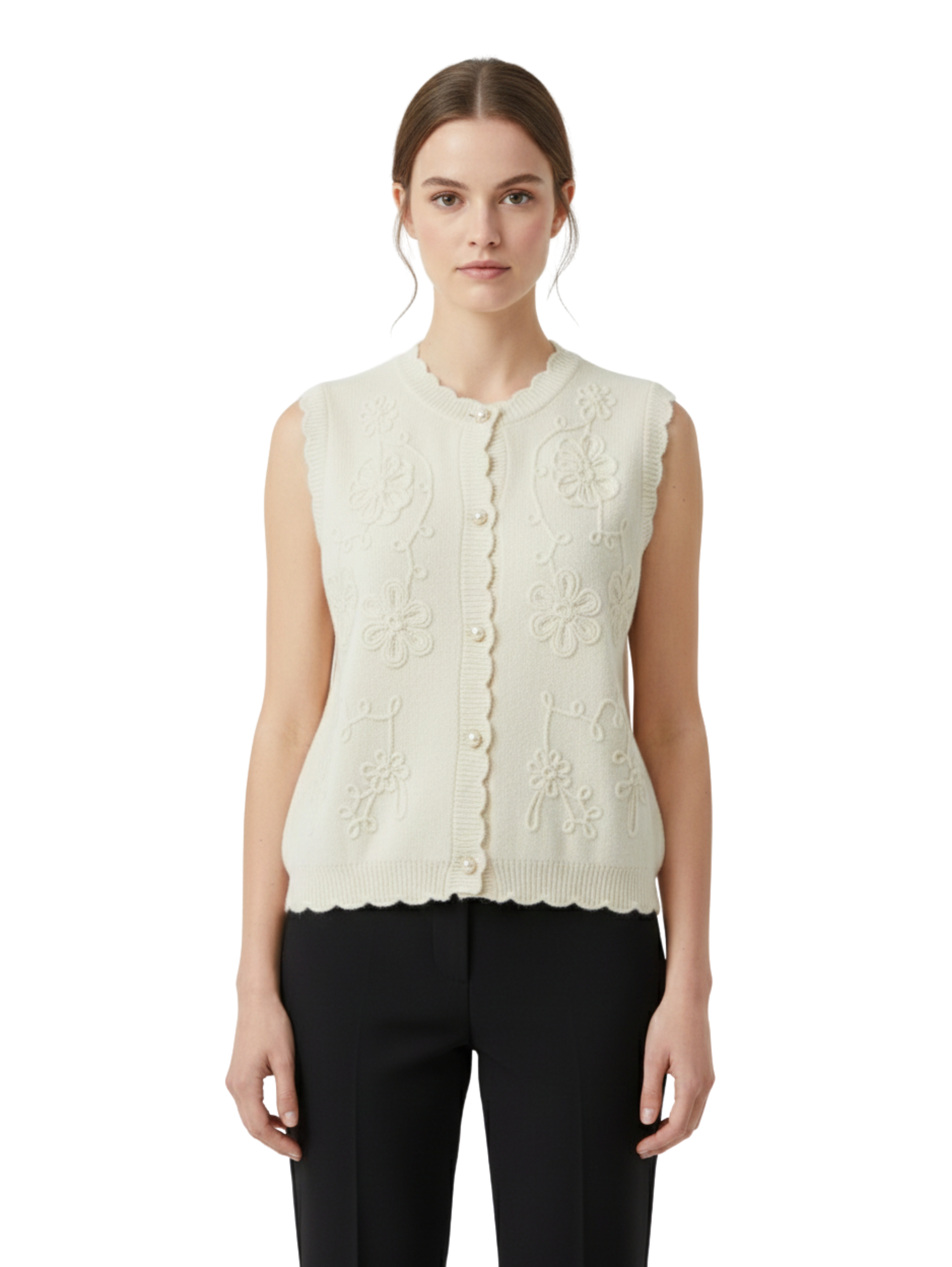 Sleeveless Buttoned Offwwhite Vest Round -Neck