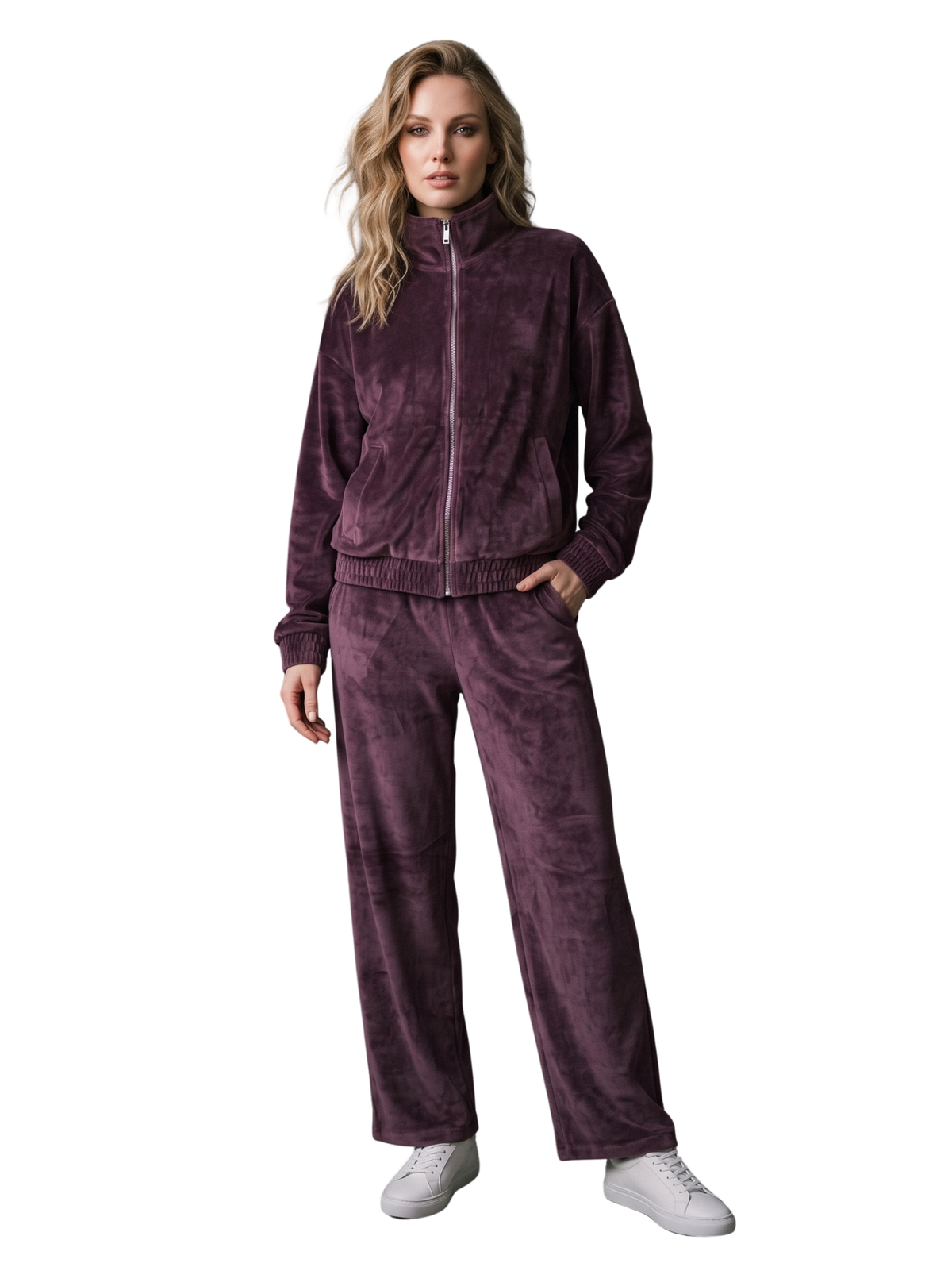 Purple Velvet Two-Pieces Zip-Up Set