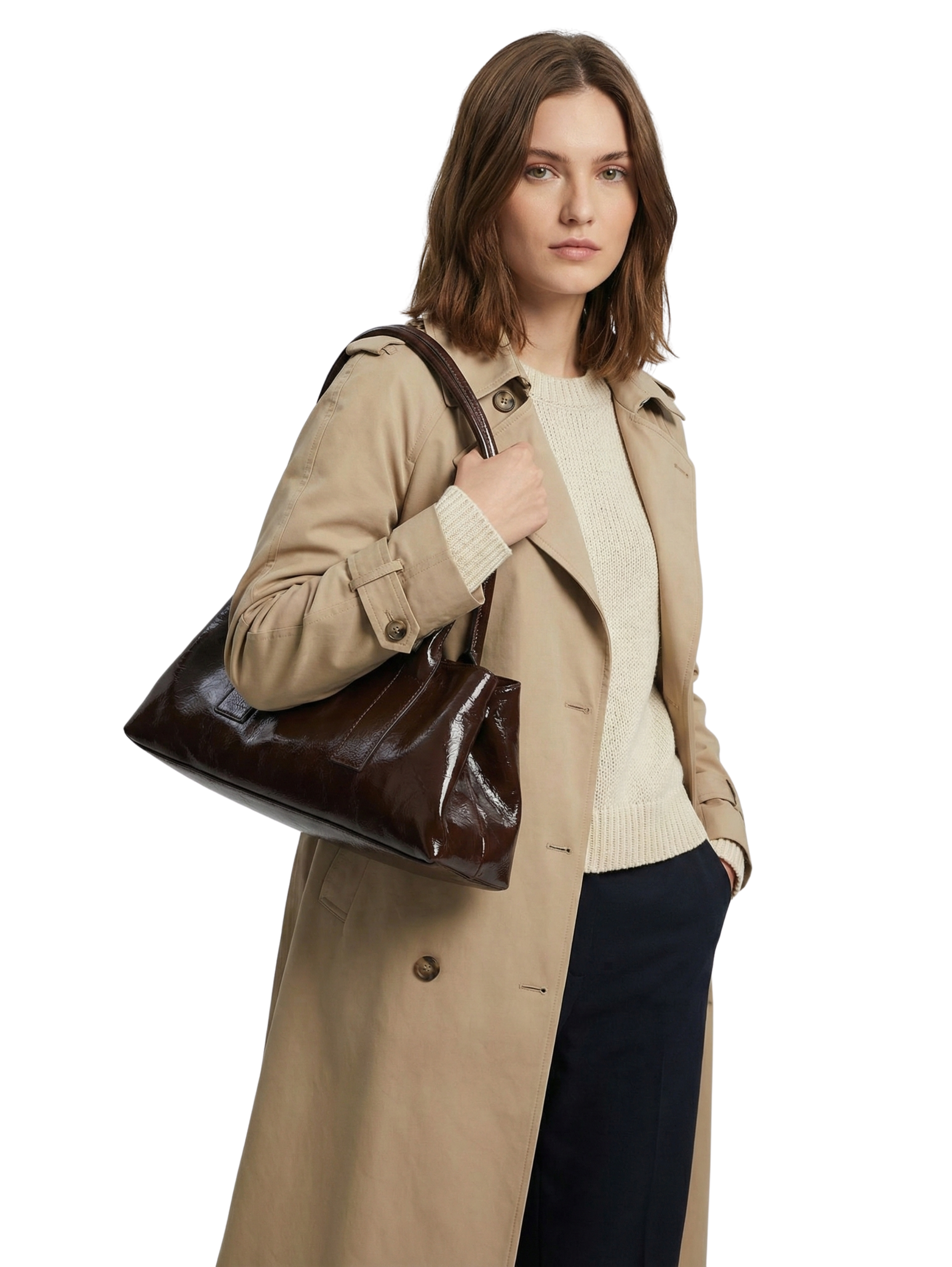 Brown Large Handle Bag With Long Strap