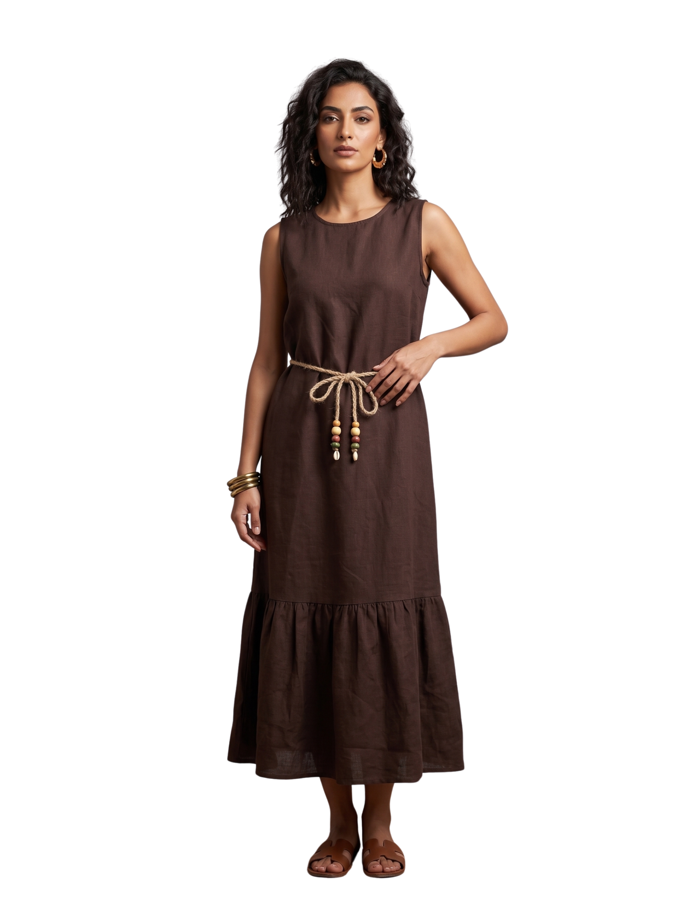 Brown Sleeveless Linen Dress With Classic Round Neckline