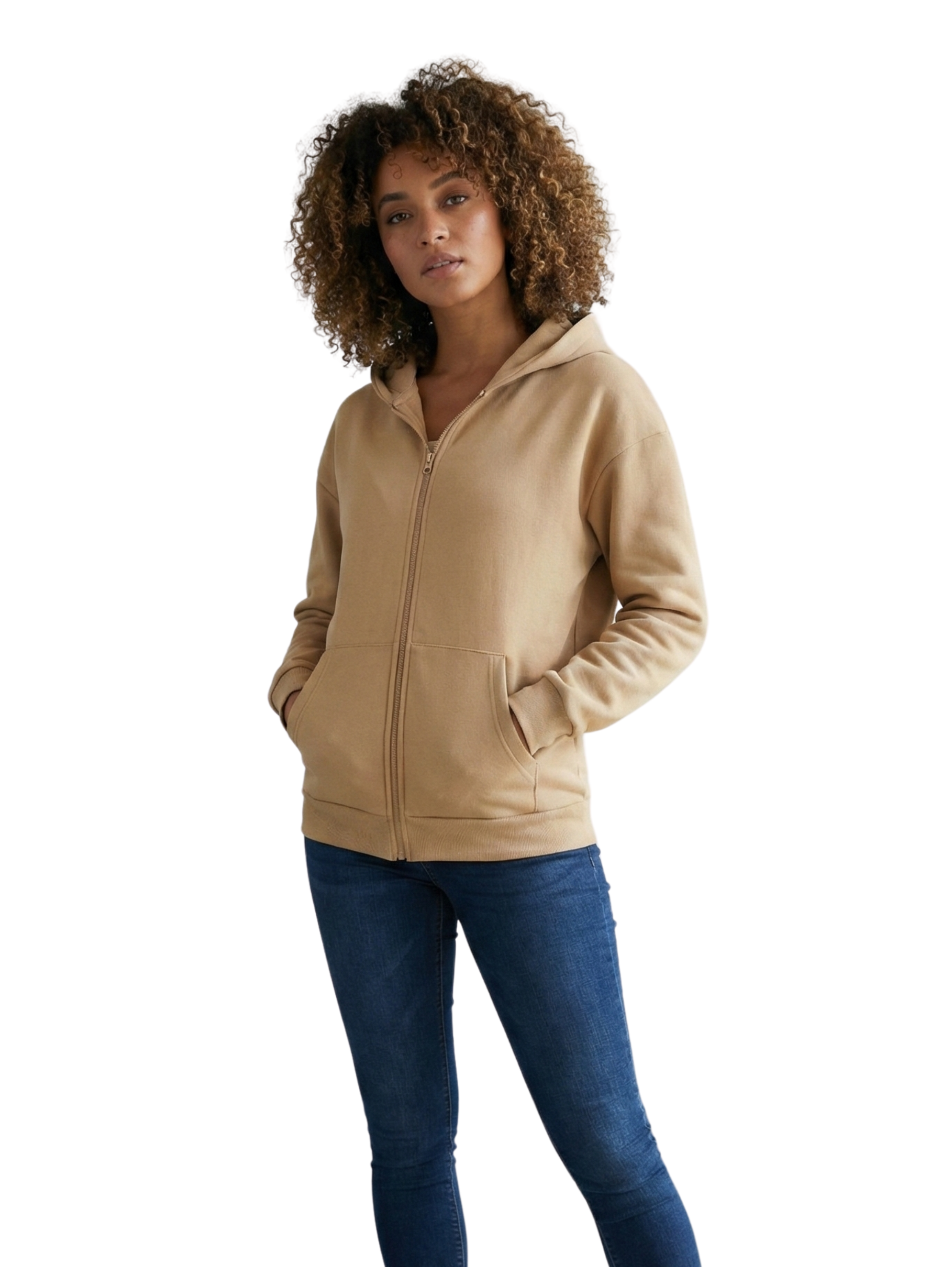 Long Sleeve Fleeced Beige Jacket With Zipper To Close