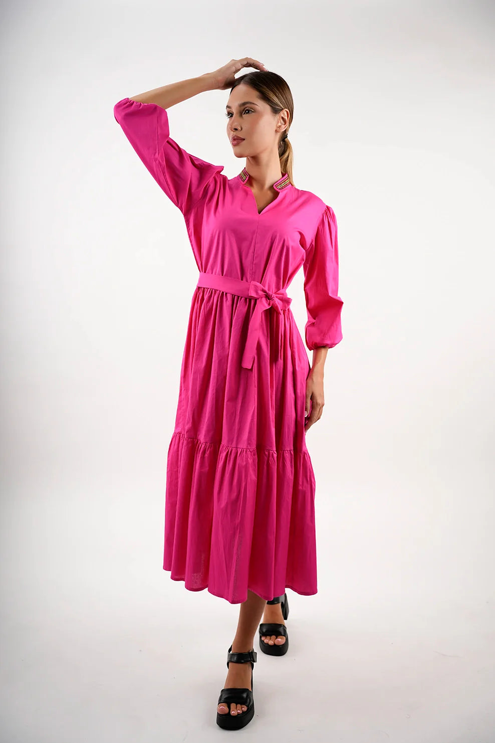 Long Sleeved Fushia Dress With Wing Collar