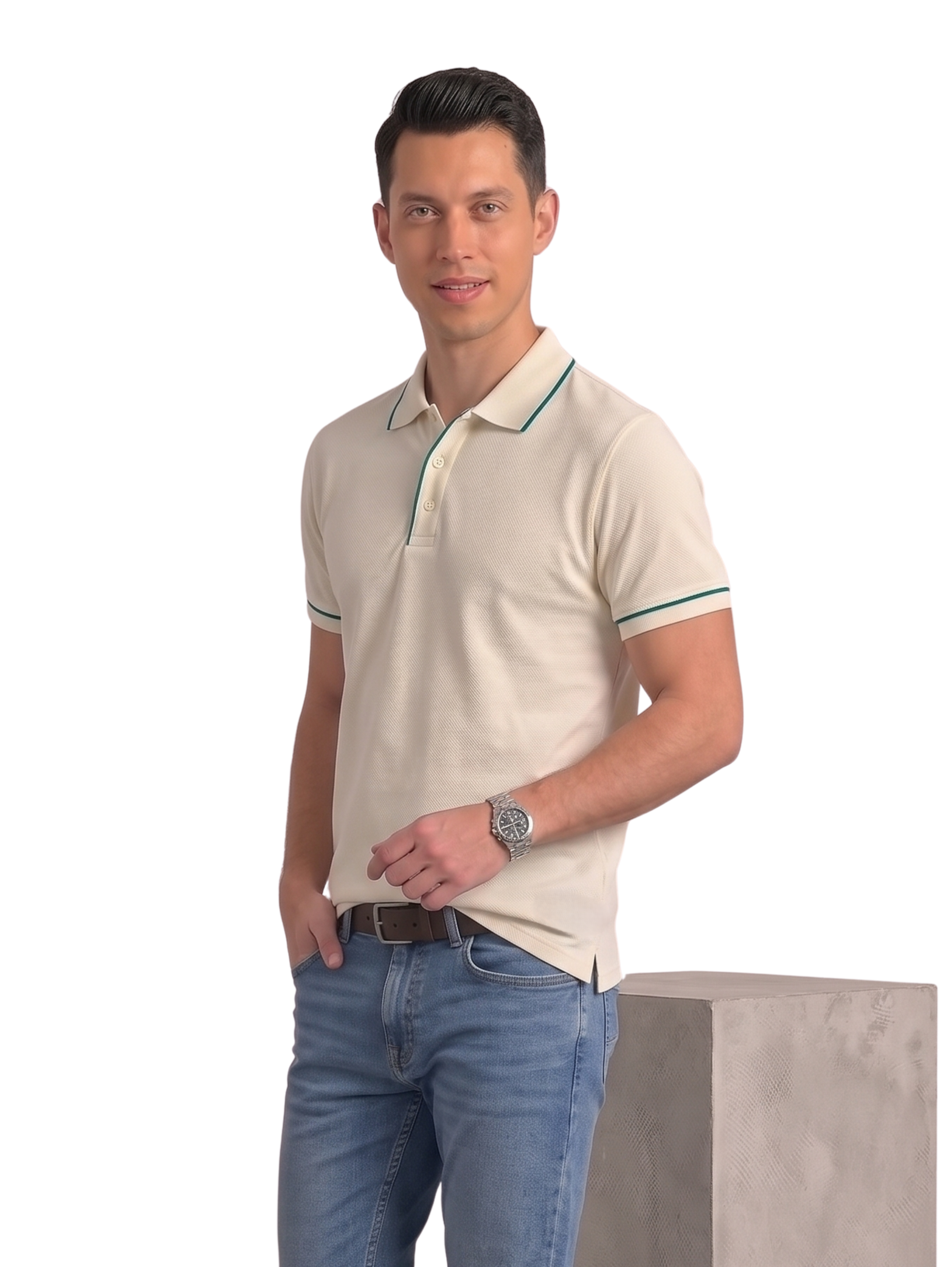 Light Beige Slim Fit Polo With Striped Green Collar
