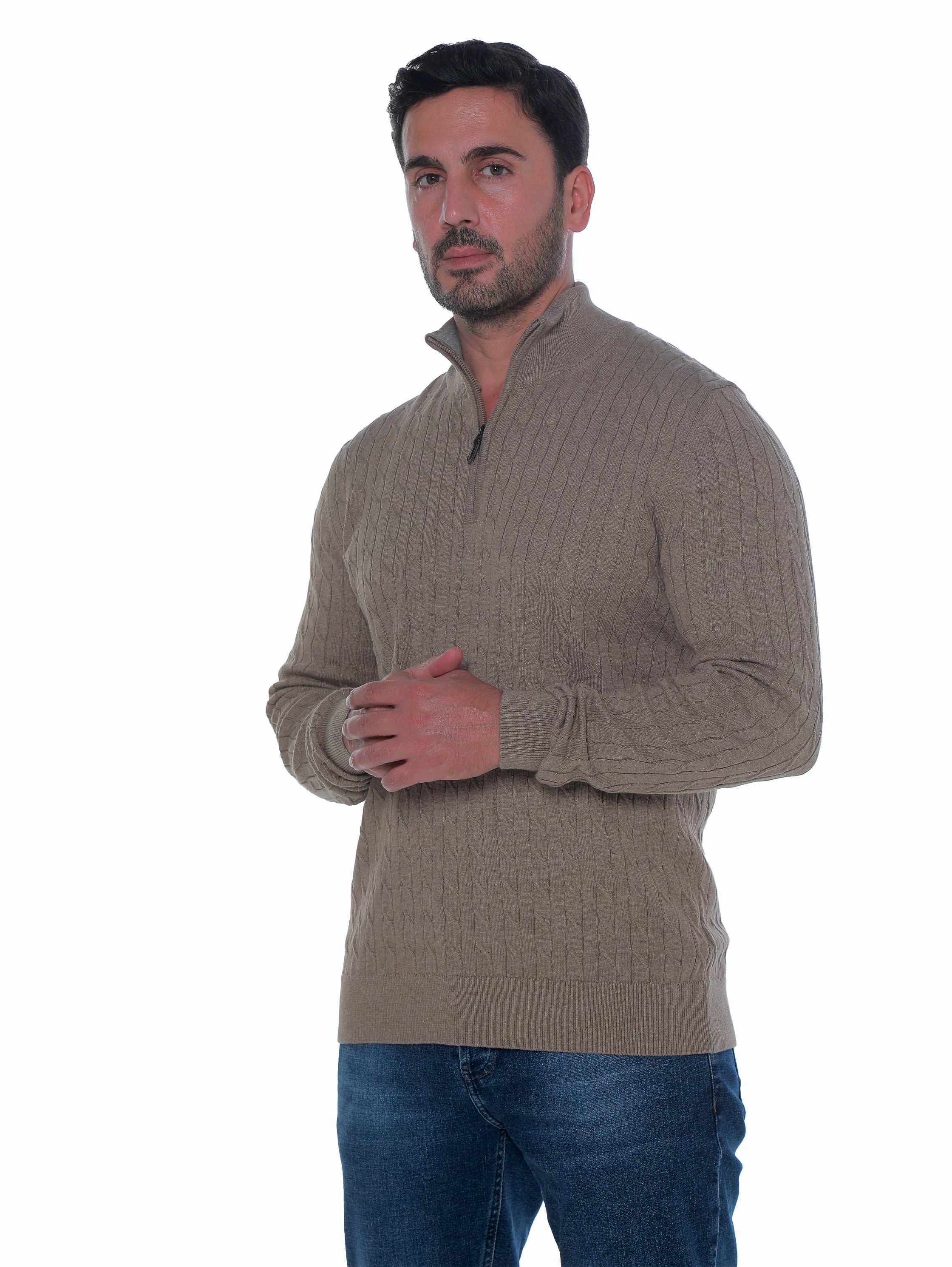 Long Sleeve Brown Pullover With Stand Up Mock Neck