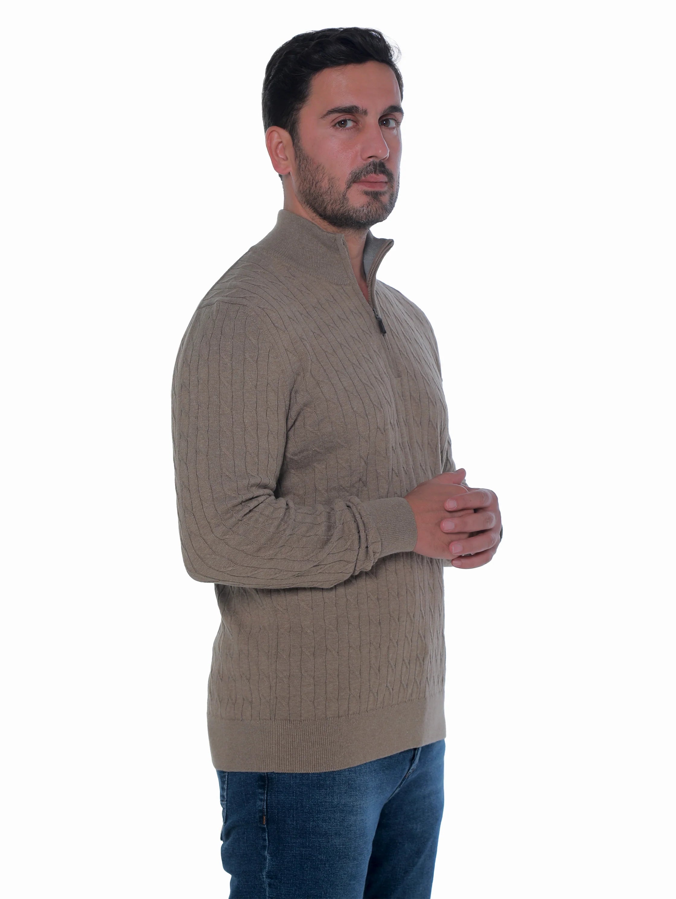 Long Sleeve Brown Pullover With Stand Up Mock Neck
