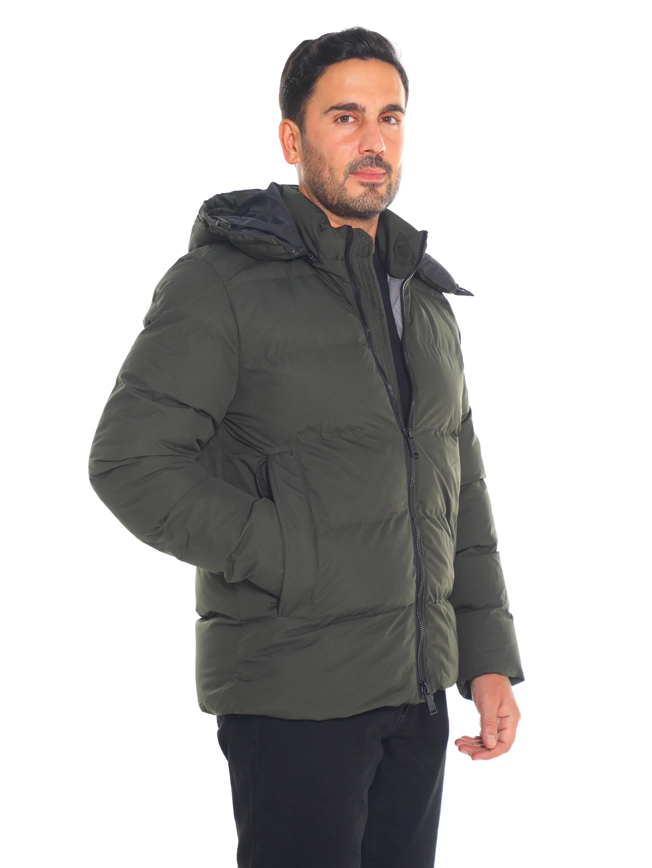 Khaki Puffer Warme Jacket With Attached Hood