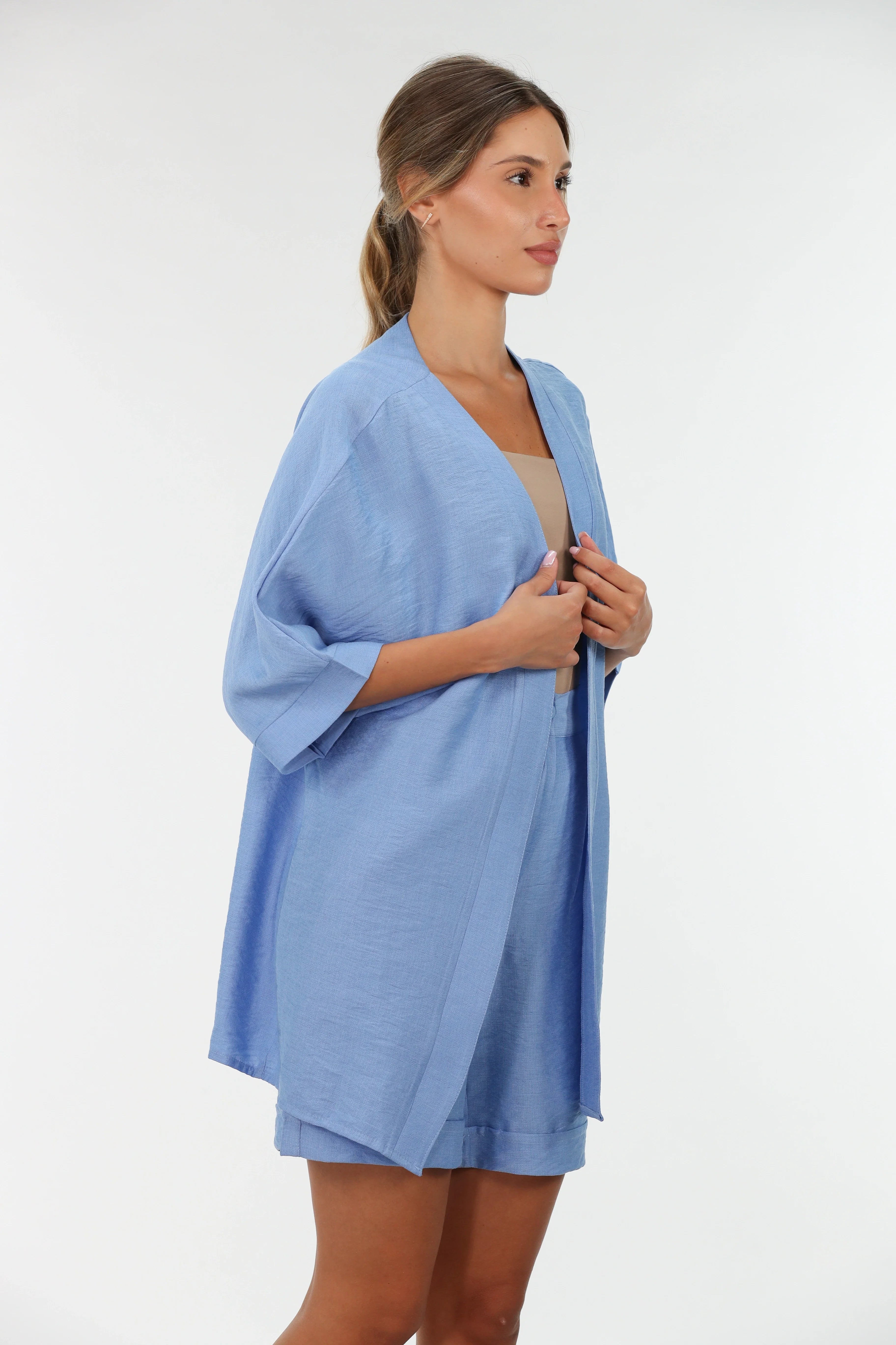 Blue Drop Shoulder Linen Cardigan