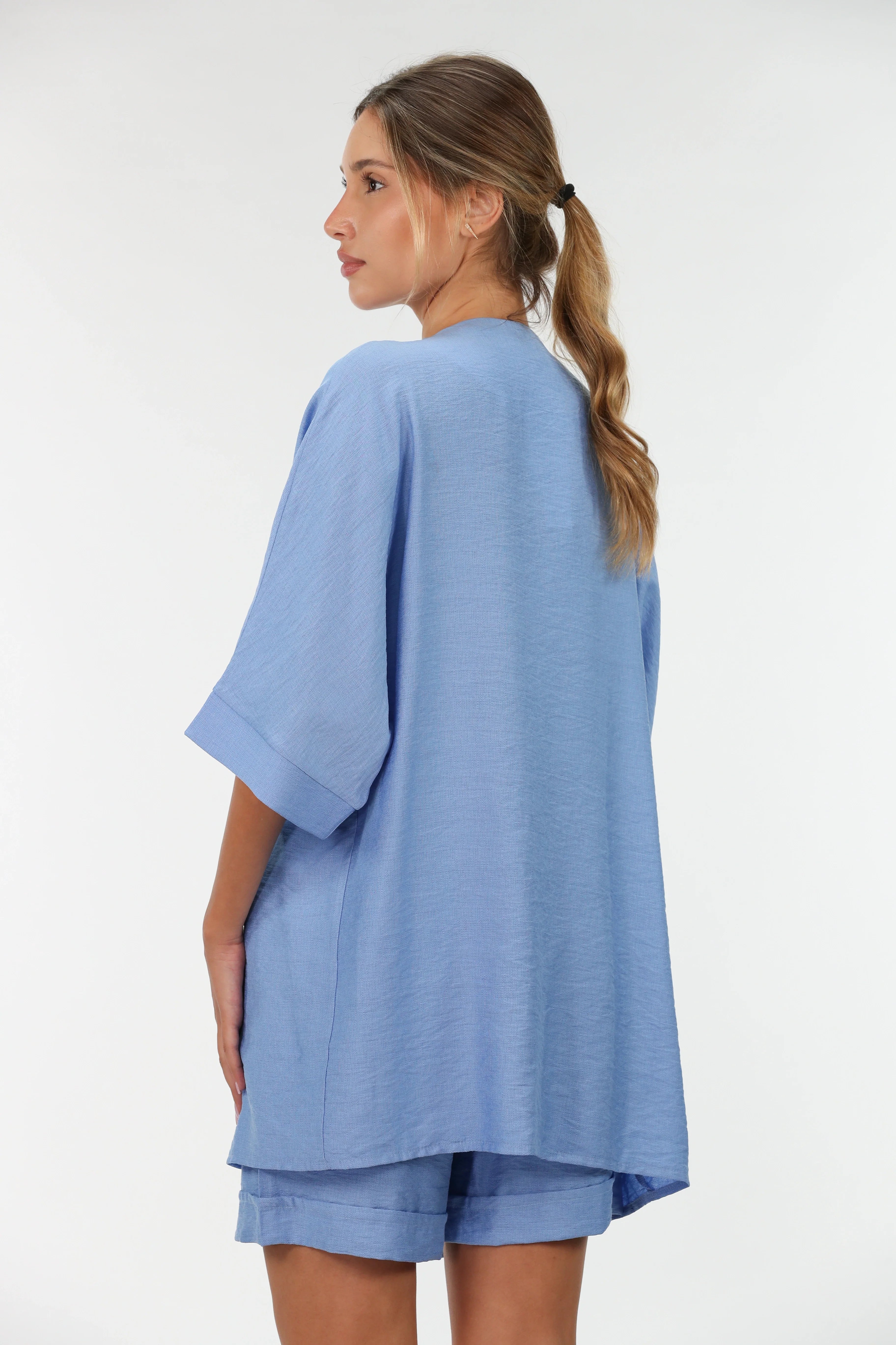 Blue Drop Shoulder Linen Cardigan