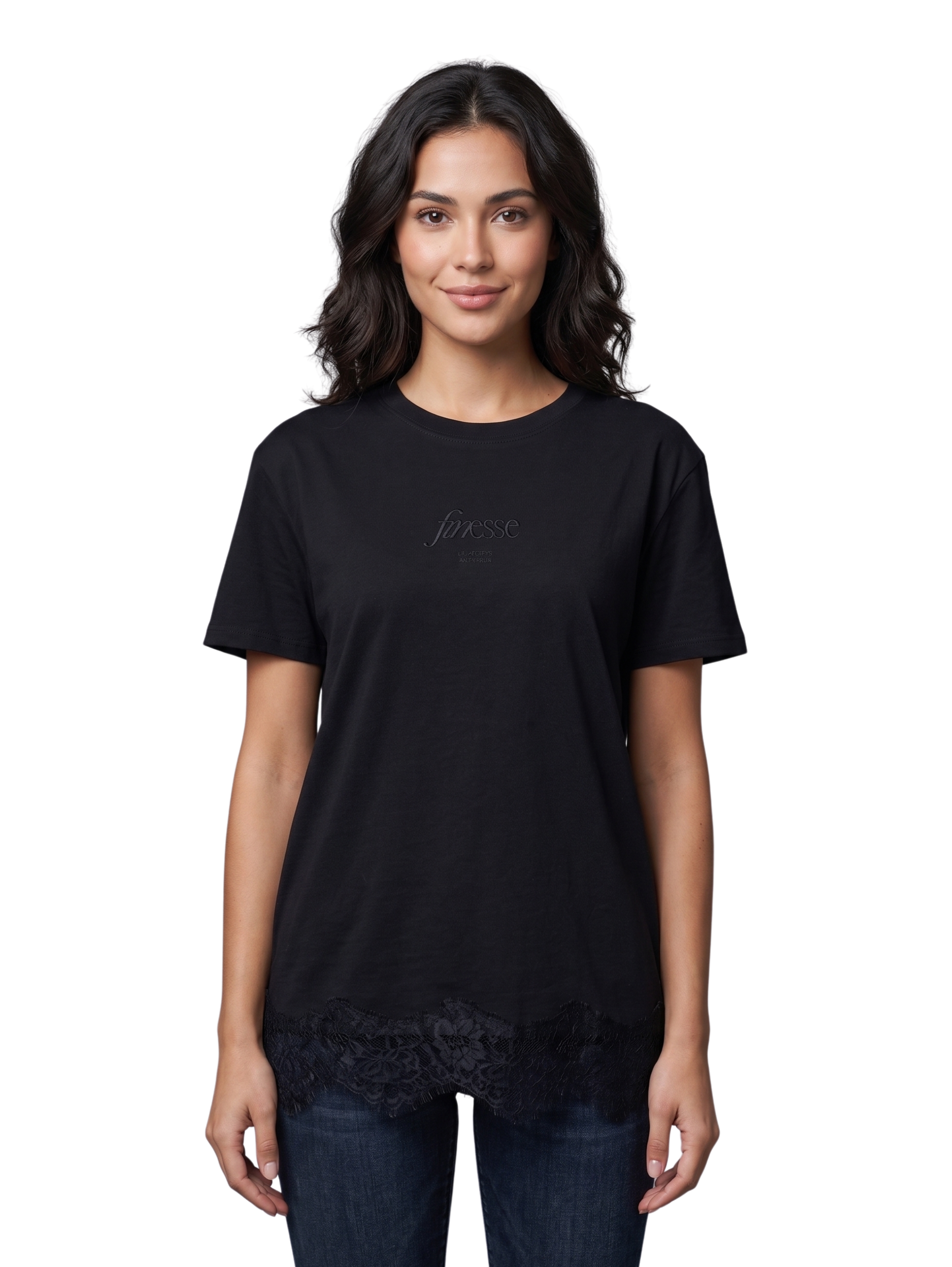 Black Round Neck T-Shirt With Floral Lace Design