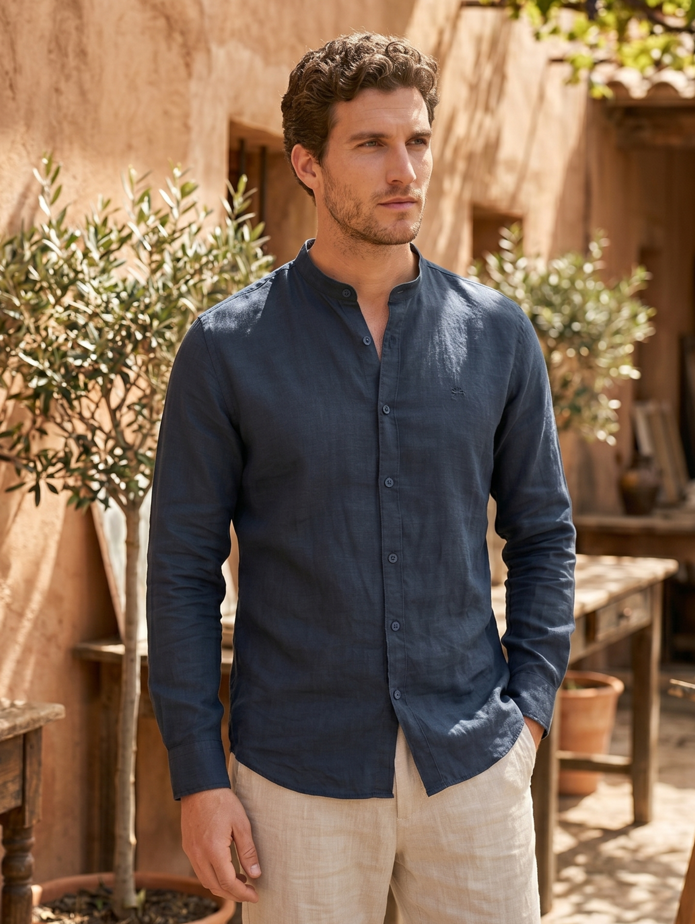 Navy Long Sleeved Linen Shirt With Mandarin Collar