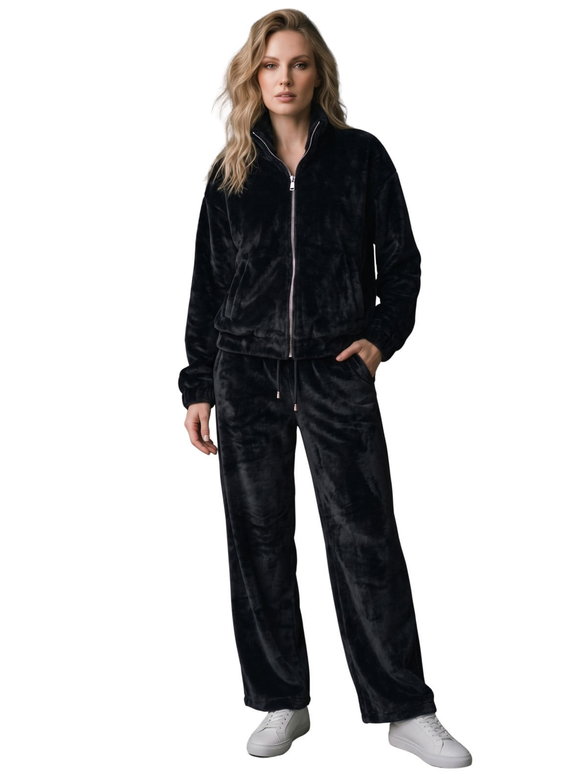 Black Velvet Two-Pieces Zip-Up Set