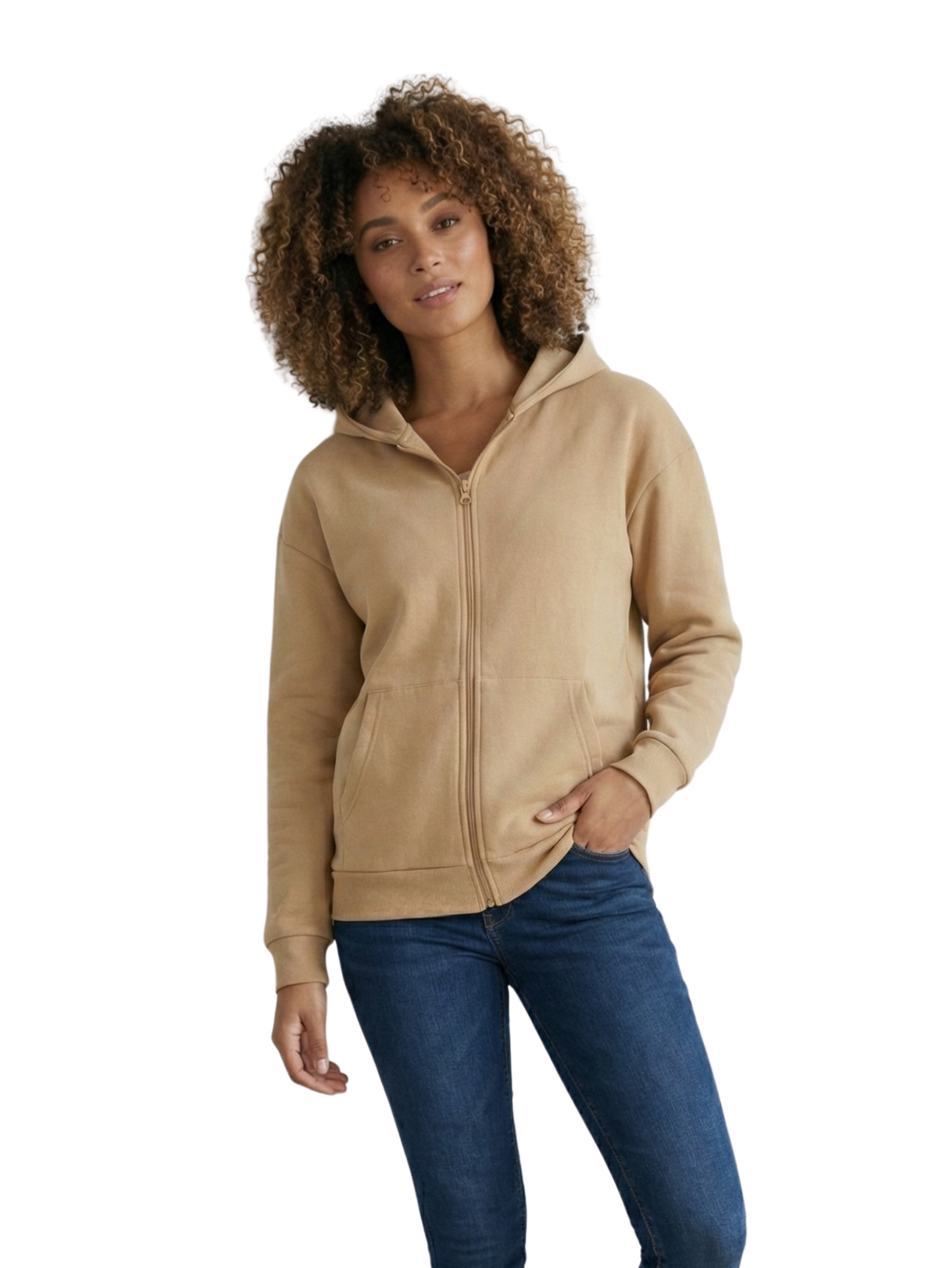 Long Sleeve Fleeced Beige Jacket With Zipper To Close