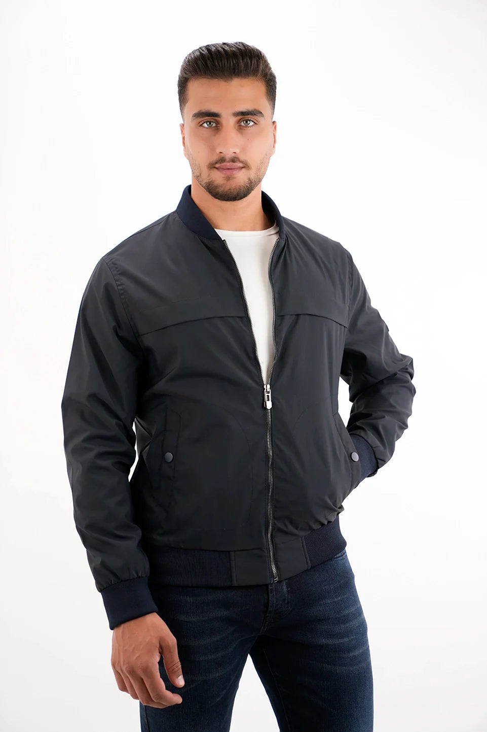 Navy Bomber Jacket With Zipper To Close