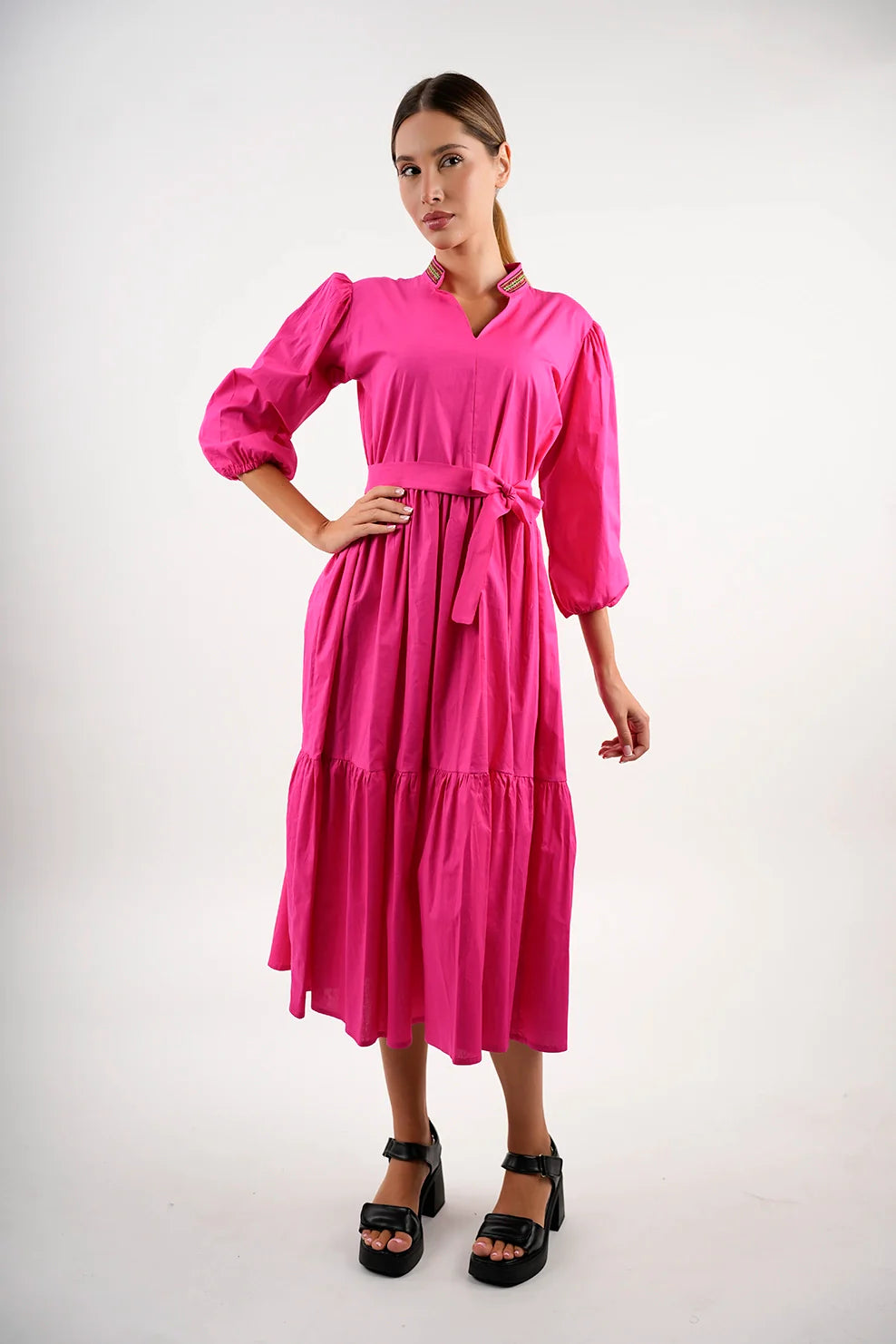 Long Sleeved Fushia Dress With Wing Collar