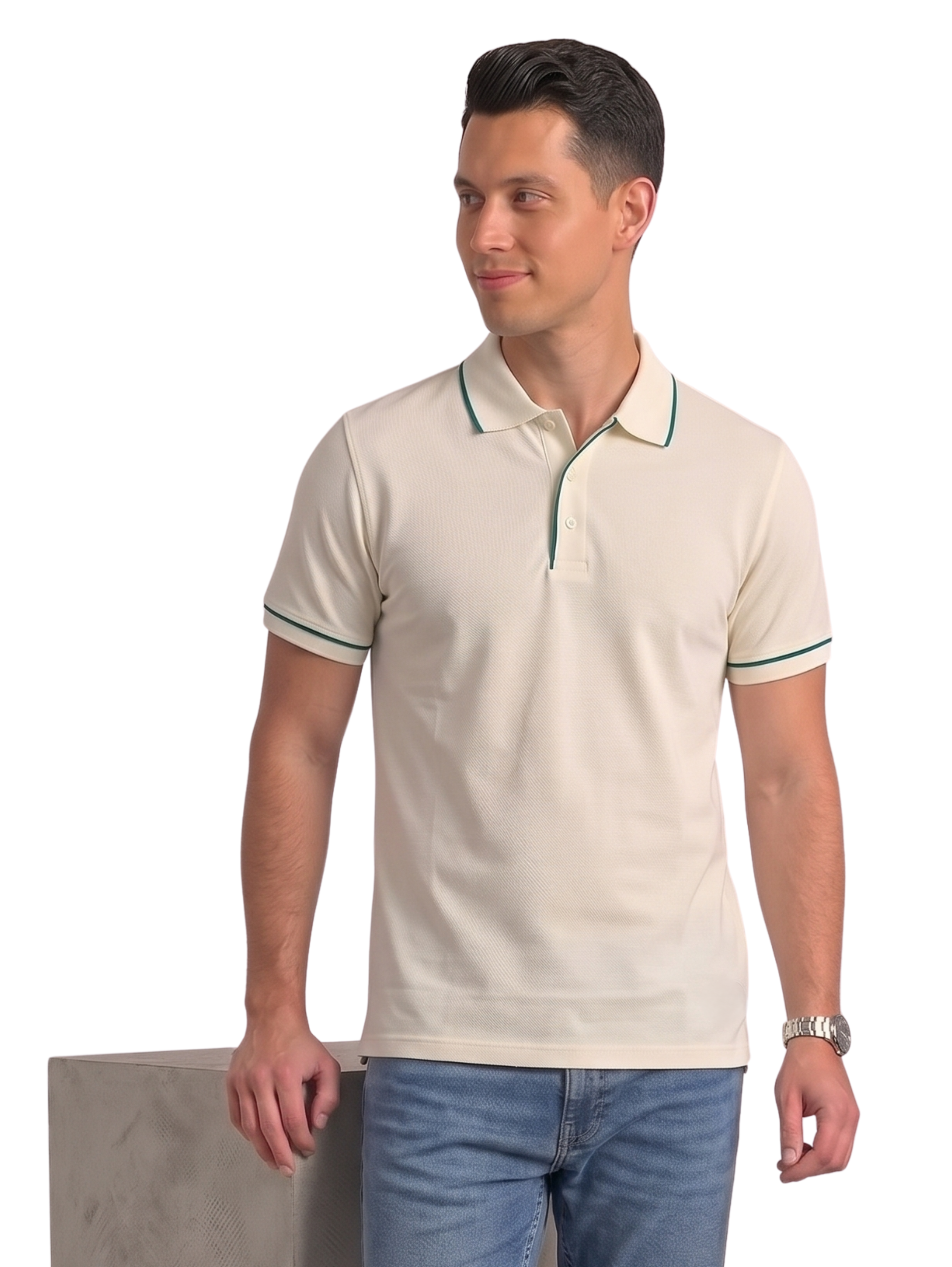 Light Beige Slim Fit Polo With Striped Green Collar