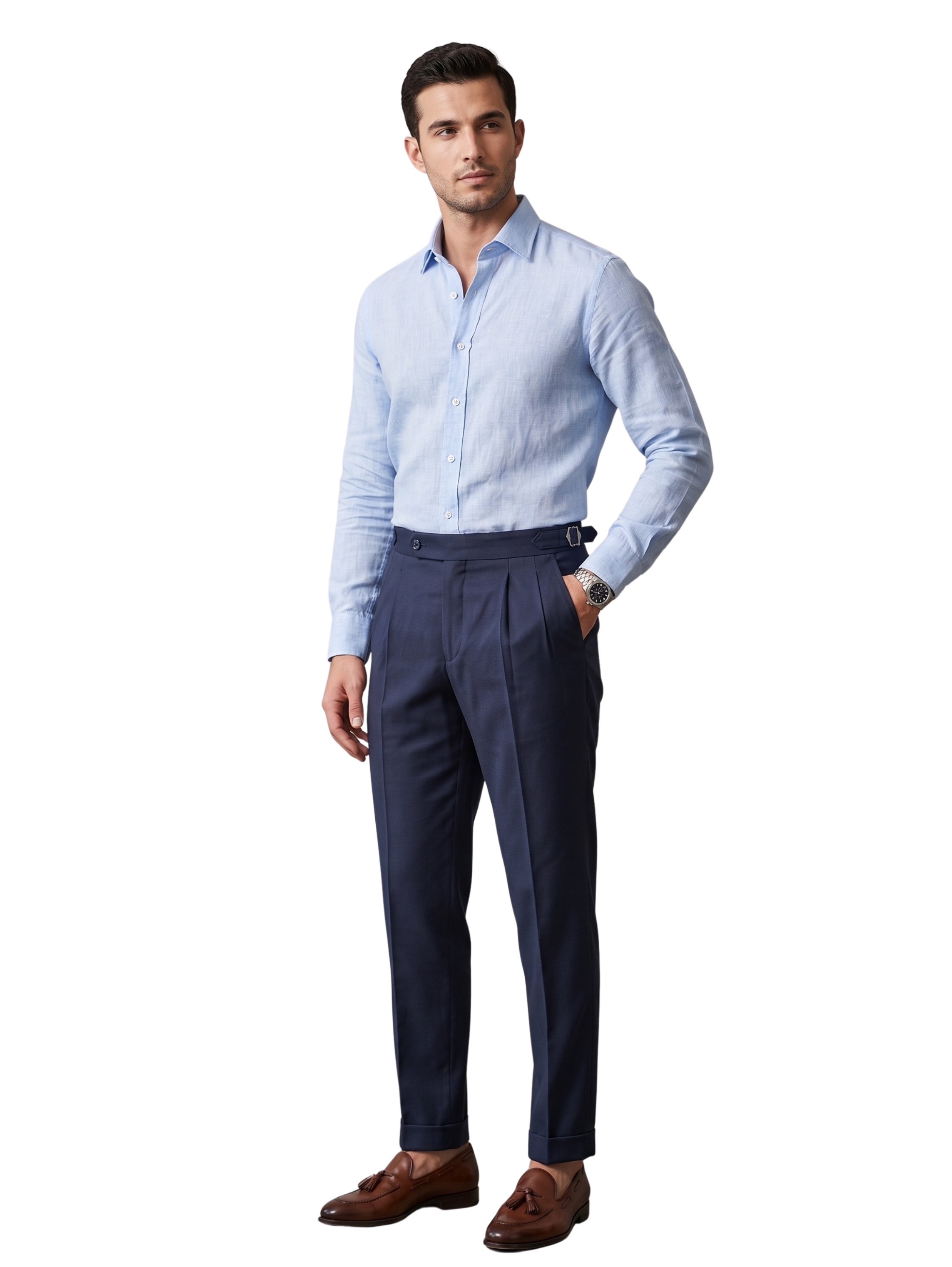 Navy High Waistband Pants With A Buttoned Tab Closure & Side Buckles