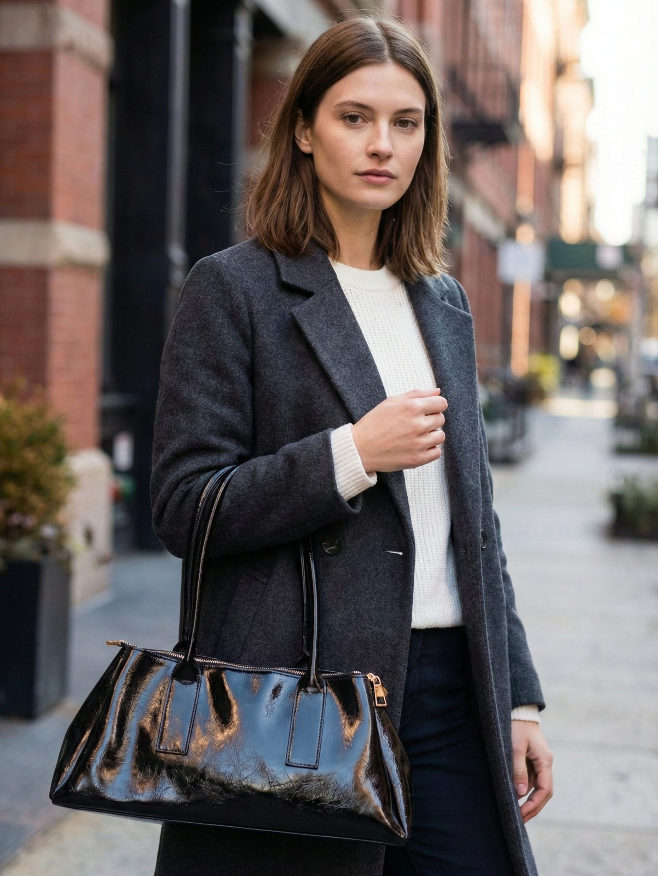 Black Large Handle Bag With Long Strap